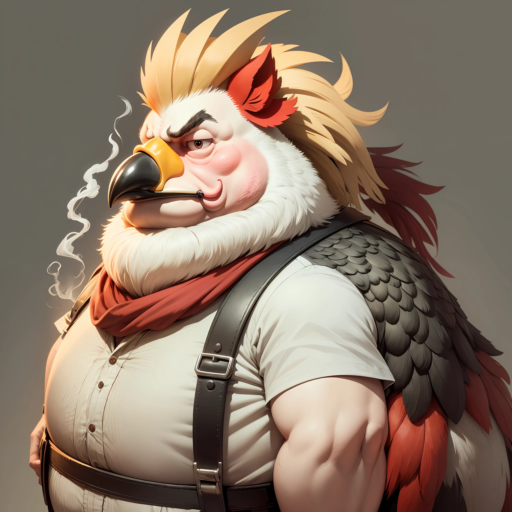 illustration of a caricature of a fat rooster, with a cigarette in his mouth, scars on his face, cracked beak, grumpy face, rich in details, 4k, front angle --auto --s2