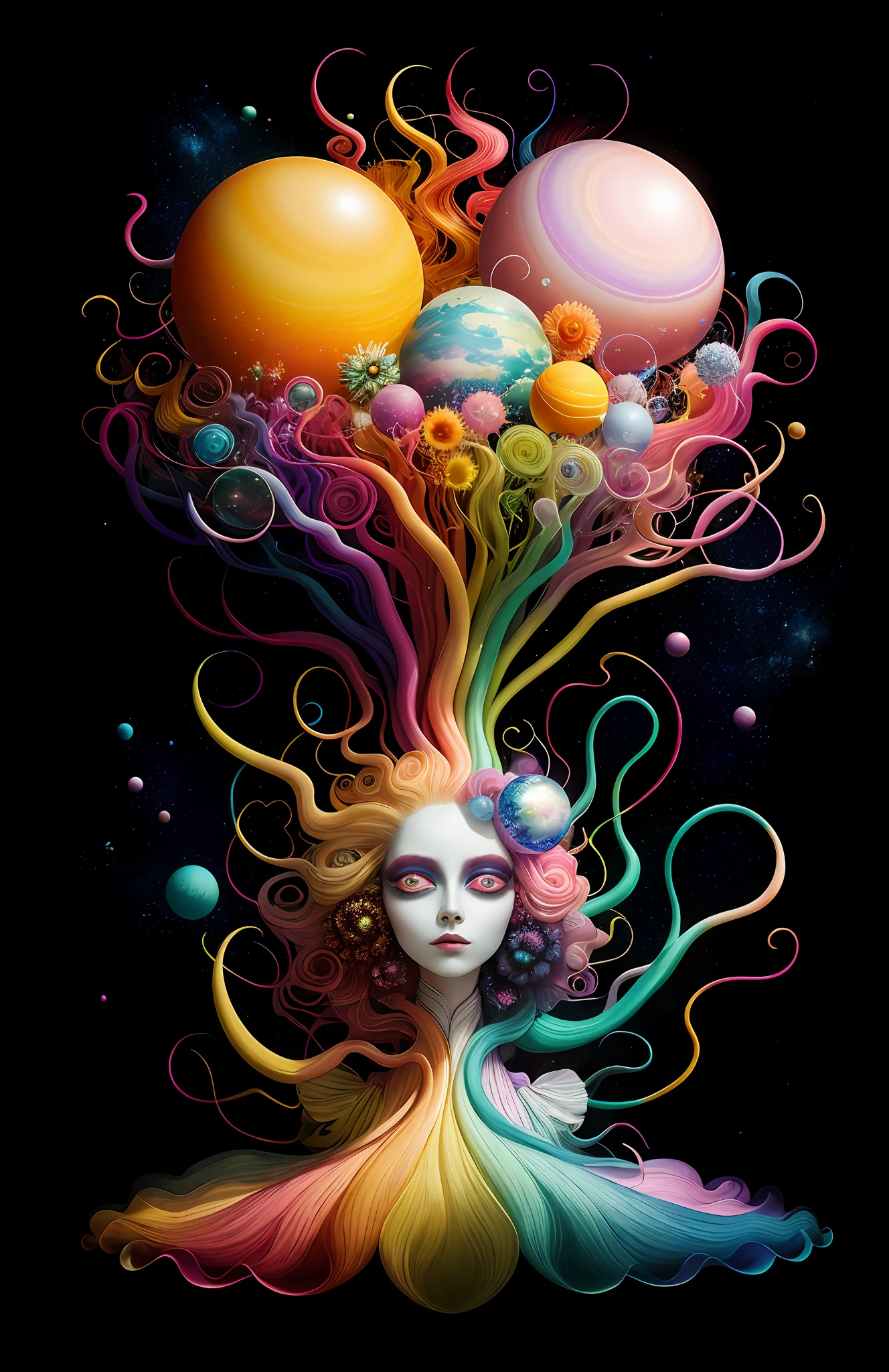 colorpop style, photo photo portrait of the sun surrounded by orbiting planetary moons, blonde pointy hair, natalie shau, mark ryden, alberto seveso, brooke shaden, anna dittmann, flora borsi, 8k resolution, perfect composition, milky way, rainbow color, flying insects, scales, wings, blue, texture, complex, gorgeous, shadow, pastel colors, 3d, Highly detailed, decorated in style, Tim Burton, Dale Chihuly, Xiaolongcheng, Cyril Rolando, by J. Gigue