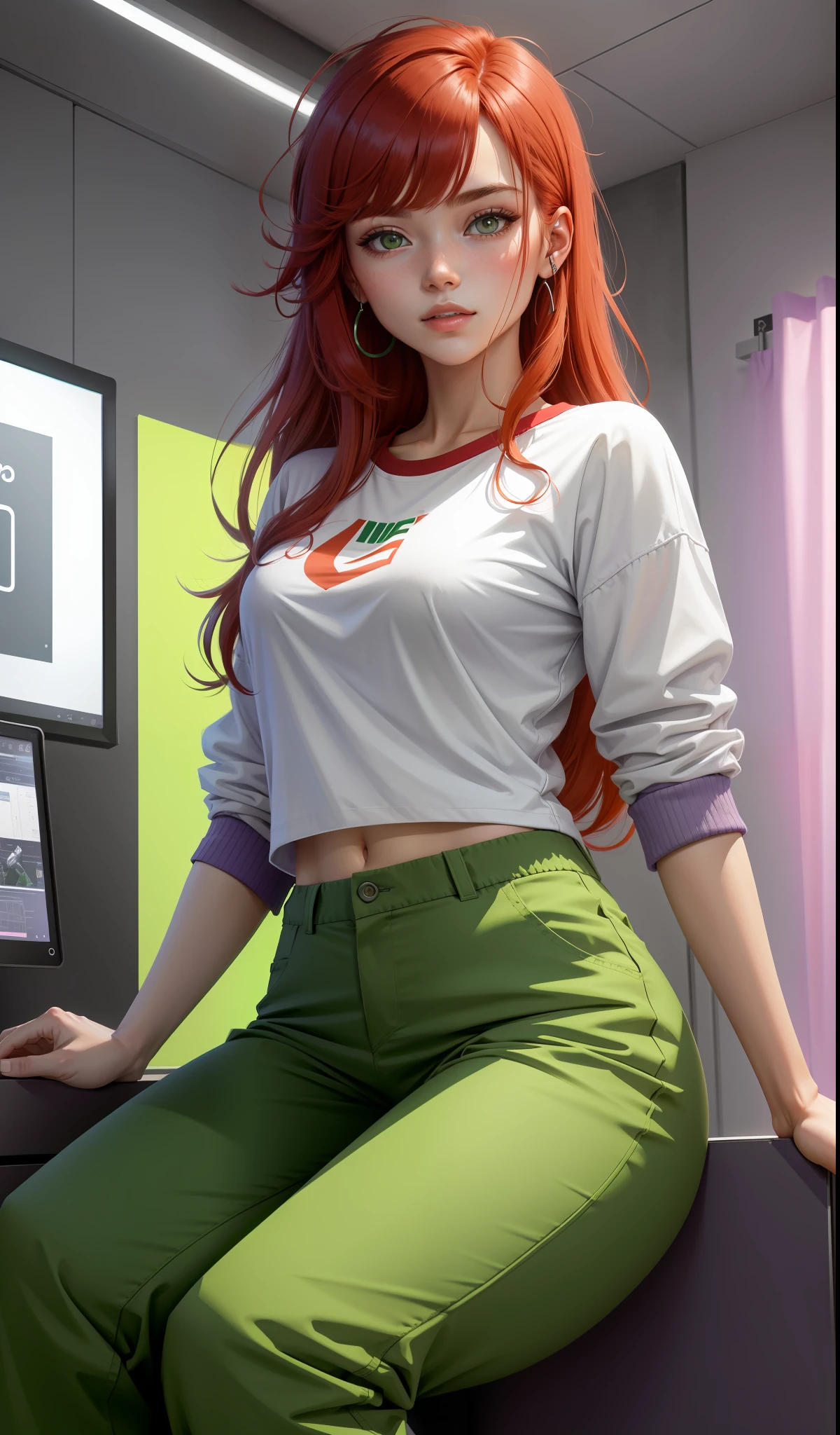 a woman in green shirt and lilac pants is playing video game, simple style, wearing stylish casual clothes, soft red, simple clothes, milk and red style, casual clothing style, modern fashion clothing, dressing a fisherwoman, casual modern clothes, inspo, green clothes, lilac pants, neutral tones, green and purple color scheme, business casual clothing,  happy face, nike sneakers, 22 years old, adult face, long hair, ((short red hair)), neon background