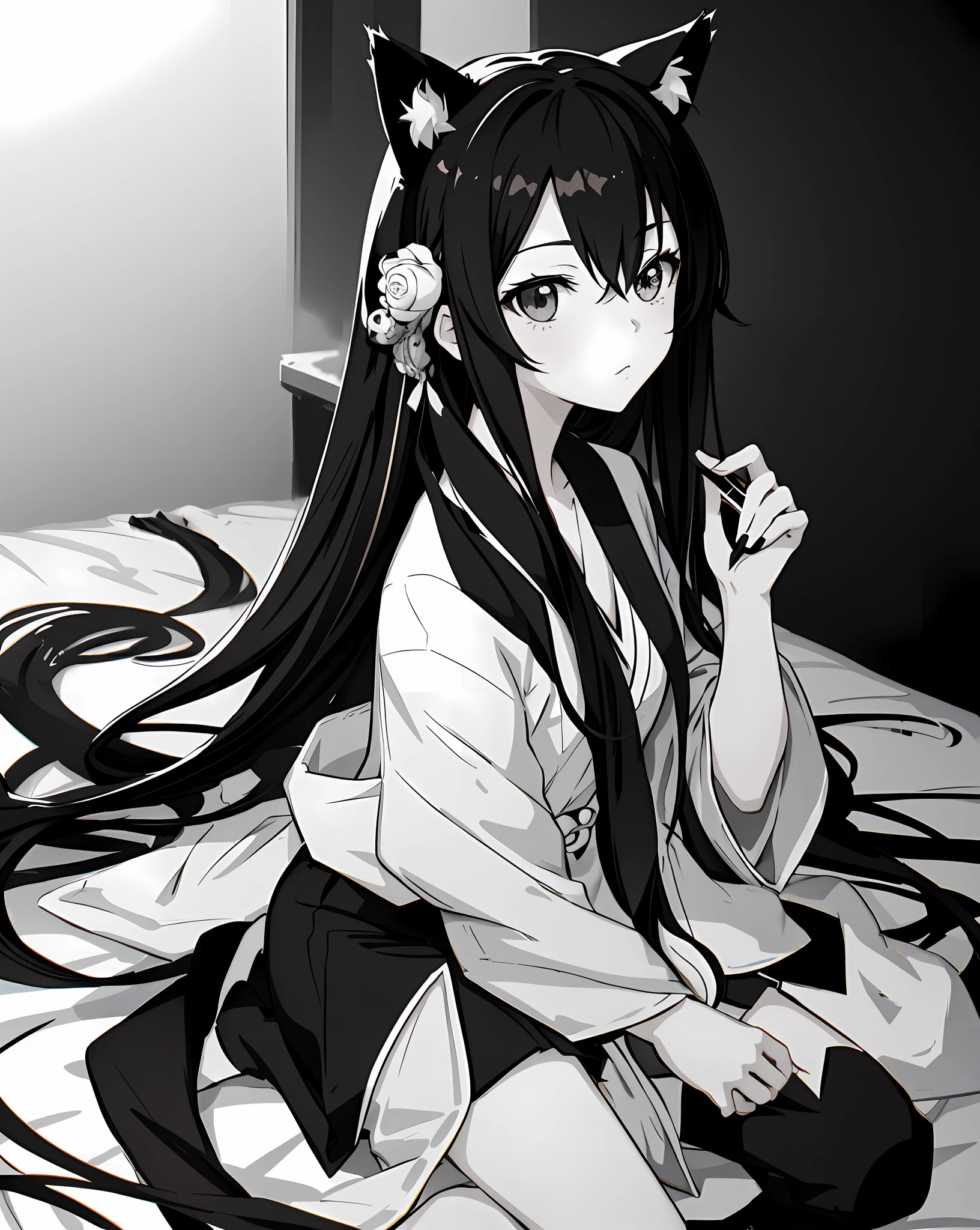 style drawing of a woman with long hair and cat ears, lineart by Yang J, tumblr, serial art, cute anime pose, anime portrait illustration, kentaro miura manga art style, portrait, black and white manga style