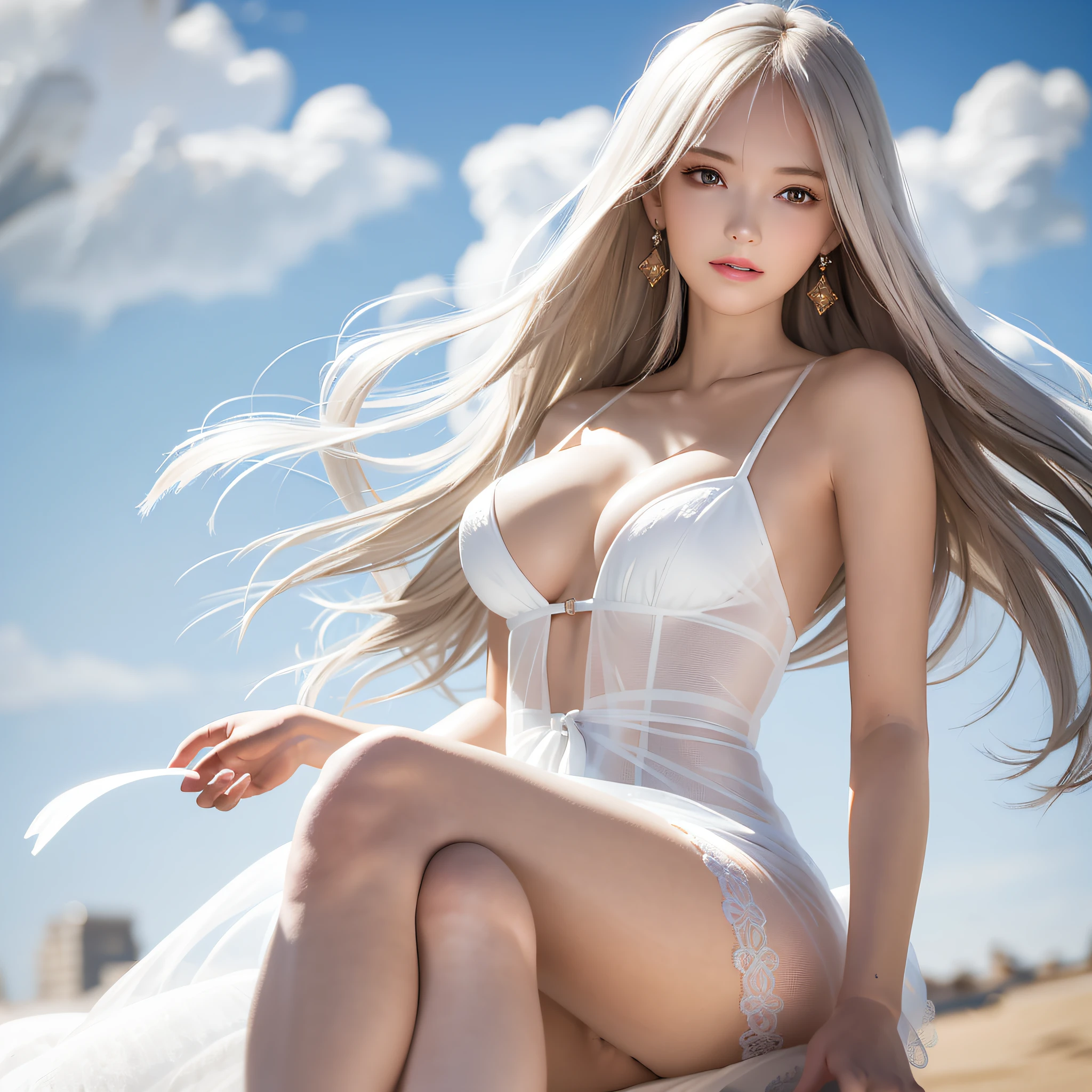 masterpiece, best quality, ultra-detail, illustration, close-up, full body, (topless), breast, (1girl), long grey hair, golden eyes, long hair, (halo), detailed cloud,  detailed sky, angel wings, haughty expression, looking at the viewer, standing,  luxurious dress, (sunshine, light beam, cinematic lighting), flying, hair ornament, jewelry, earings angel, (translucent white dress), smooth skin,  lighting on face, wind