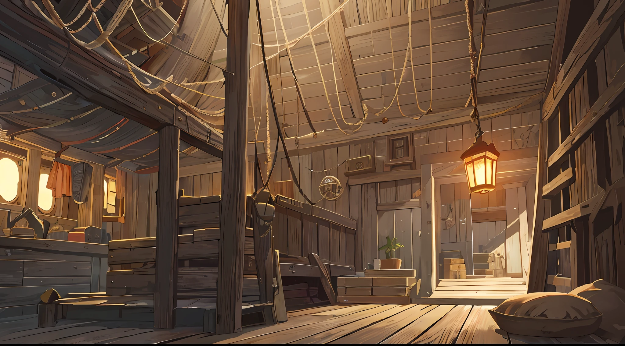 Pirate Ship Interior, Weathered and rugged, with a hint of adventure and danger, High quality, wooden planks and beams adorned with nautical details, Dimly lit, with flickering lanterns and scattered rays of sunlight breaking through portholes, Crowded space with ropes, barrels, and crates scattered around, Nautical maps, compasses, and a captain's wheel as prominent features, Hammocks hanging from the ceiling for the crew's rest, indicating the ship's lived-in nature, visual novel background, anime concept art, masterpiece, computer wallpaper, 8k, detailed