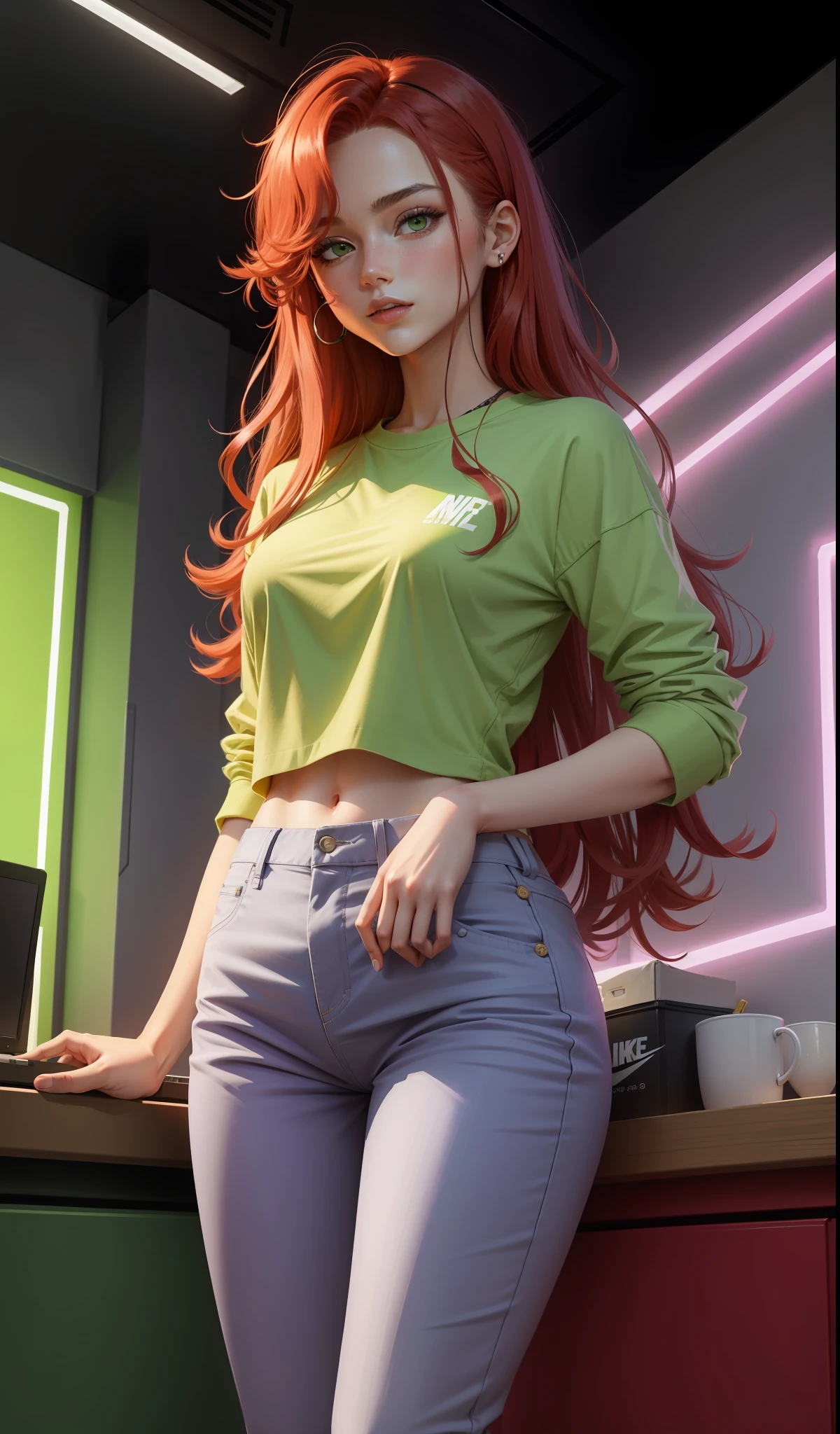 a woman in green shirt and lilac pants is playing video game, simple style, wearing stylish casual clothes, soft red, simple clothes, milk and red style, casual clothing style, modern fashion clothing, dressing a fisherwoman, casual modern clothes, inspo, green clothes, lilac pants, neutral tones, green and purple color scheme, business casual clothing,  happy face, nike sneakers, 22 years old, adult face, long hair, ((short red hair)), neon background