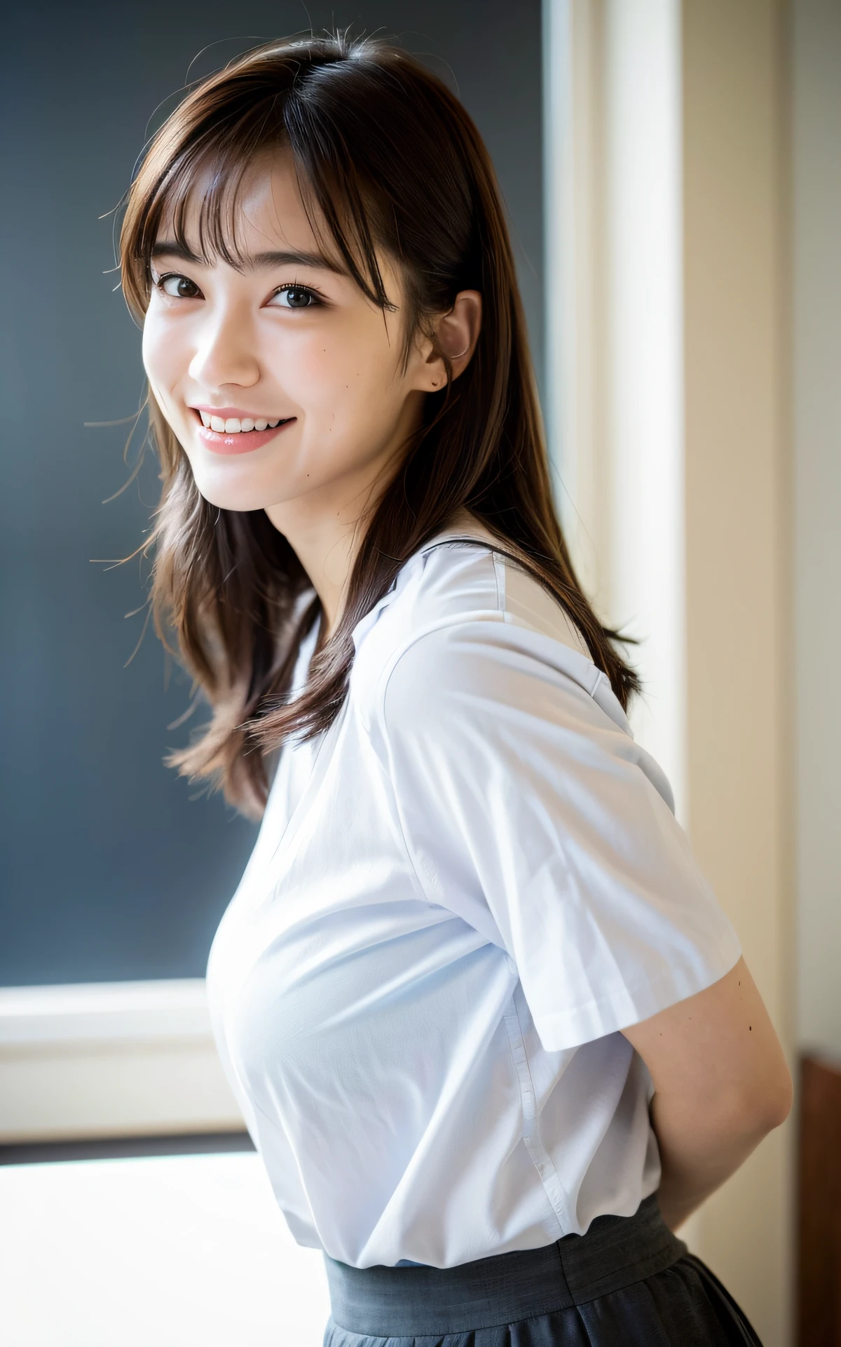 8k, RAW photos, top quality, masterpiece: 1.2), ultra detailed, super resolution, (real, real photos: 1.37), portraits, high-definition RAW color photos, professional photos, very detailed and beautiful, very detailed, 8k wallpapers, amazing details, huge file size, official art, highly detailed CG Unity 8k wallpapers, highly detailed beautiful girls, highly detailed faces, Highly detailed eyes, very detailed skin, highly detailed fingers, very detailed nose, highly detailed detailed mouth, perfect anatomy, highly detailed background, very detailed clothing, one girl, cute girl, famous Japan idol, cute, realistic body, petite, white skin, radiant skin, slim body, (blunt bangs: 1.2), smile, cute, youthful, cute face, realistic face, delicate eyes, sagging eyes, camera gaze, contrappost, high street, public, crowd, dynamic lighting, very big breasts, high school, classroom, teacher, medium brown shorthair, (((viewer view: 1.1)), laughing, window, blackboard, desk, holding (standing in classroom)))), suit, gray skirt, (simple white blouse), upper body up, attendance book, half updo,
