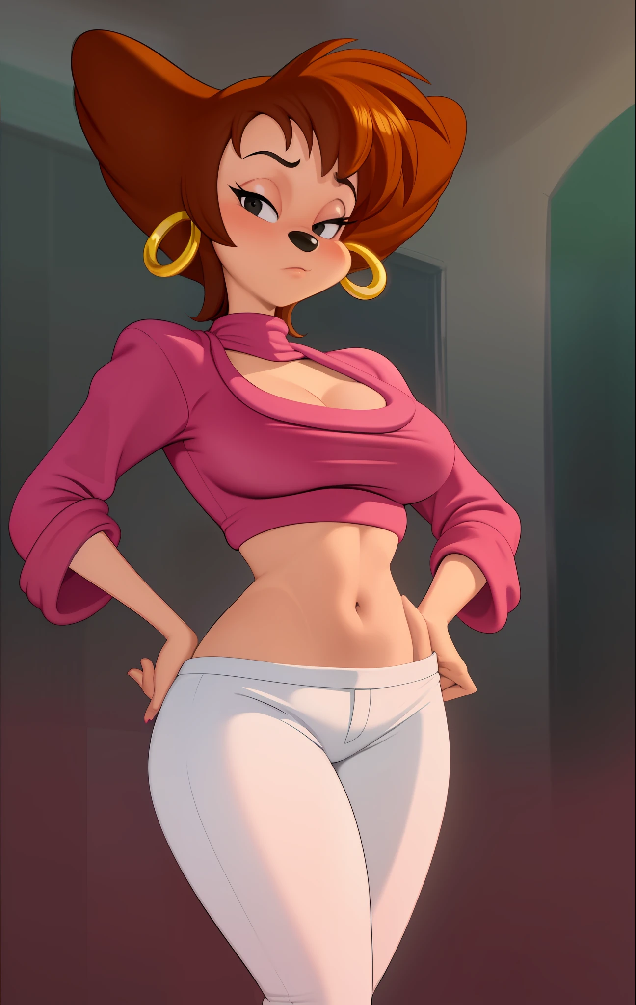 masterpiece, best quality, one girl, solo, detailed face, looking at the viewer, black eyes, gold hoop earrings, 4 fingers, detailed skin texture, (blush: 0.5), (goosebumps: 0.5), subsurface scattering, detailed skin texture, (blush: 0.2), (goosebumps: 0.3), sexual expression, portrait, pink midriff turtleneck, white denim mini shorts, high resolution, detailed night city background, black nose, sfw, goof troop, Disney, character, anthro, detailed fingers, flirty pose, right hand behind head, left hand on hip, detailed between legs, detailed tummy, detailed chest, detailed knees, breast blush, fishnet tights, high heels, detailed nails, full body