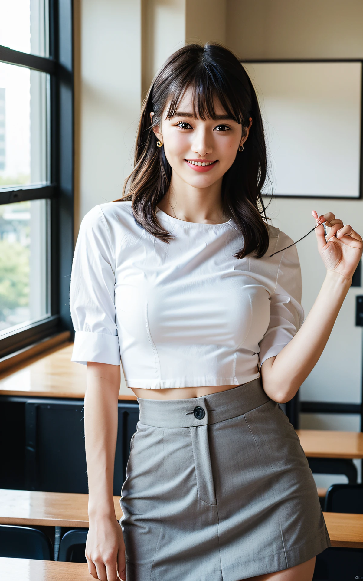 8k, RAW photos, top quality, masterpiece: 1.2), ultra detailed, super resolution, (real, real photos: 1.37), portraits, high-definition RAW color photos, professional photos, very detailed and beautiful, very detailed, 8k wallpapers, amazing details, huge file size, official art, highly detailed CG Unity 8k wallpapers, highly detailed beautiful girls, highly detailed faces, Highly detailed eyes, very detailed skin, highly detailed fingers, very detailed nose, highly detailed detailed mouth, perfect anatomy, highly detailed background, very detailed clothing, one girl, cute girl, famous Japan idol, cute, realistic body, petite, white skin, radiant skin, slim body, (blunt bangs: 1.2), smile, cute, youthful, cute face, realistic face, delicate eyes, sagging eyes, camera gaze, contrappost, high street, public, crowd, dynamic lighting, very big breasts, high school, classroom, teacher, medium brown shorthair, (((viewer view: 1.1)), laughing, window, blackboard, desk, holding (standing in classroom)))), suit, gray skirt, (simple white blouse), upper body up, attendance book, half updo, (((lift clothes by myself))), white bra
