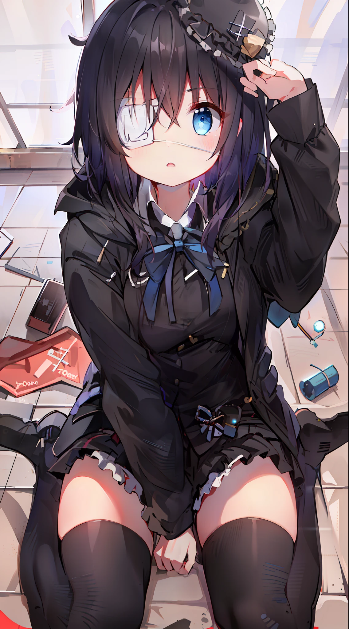 high res, masterpiece,Rikka Takanashi, black hair, solo, 1girl,outside,deatailed background, detailed eyes, ((blue eyes)), eyepatch