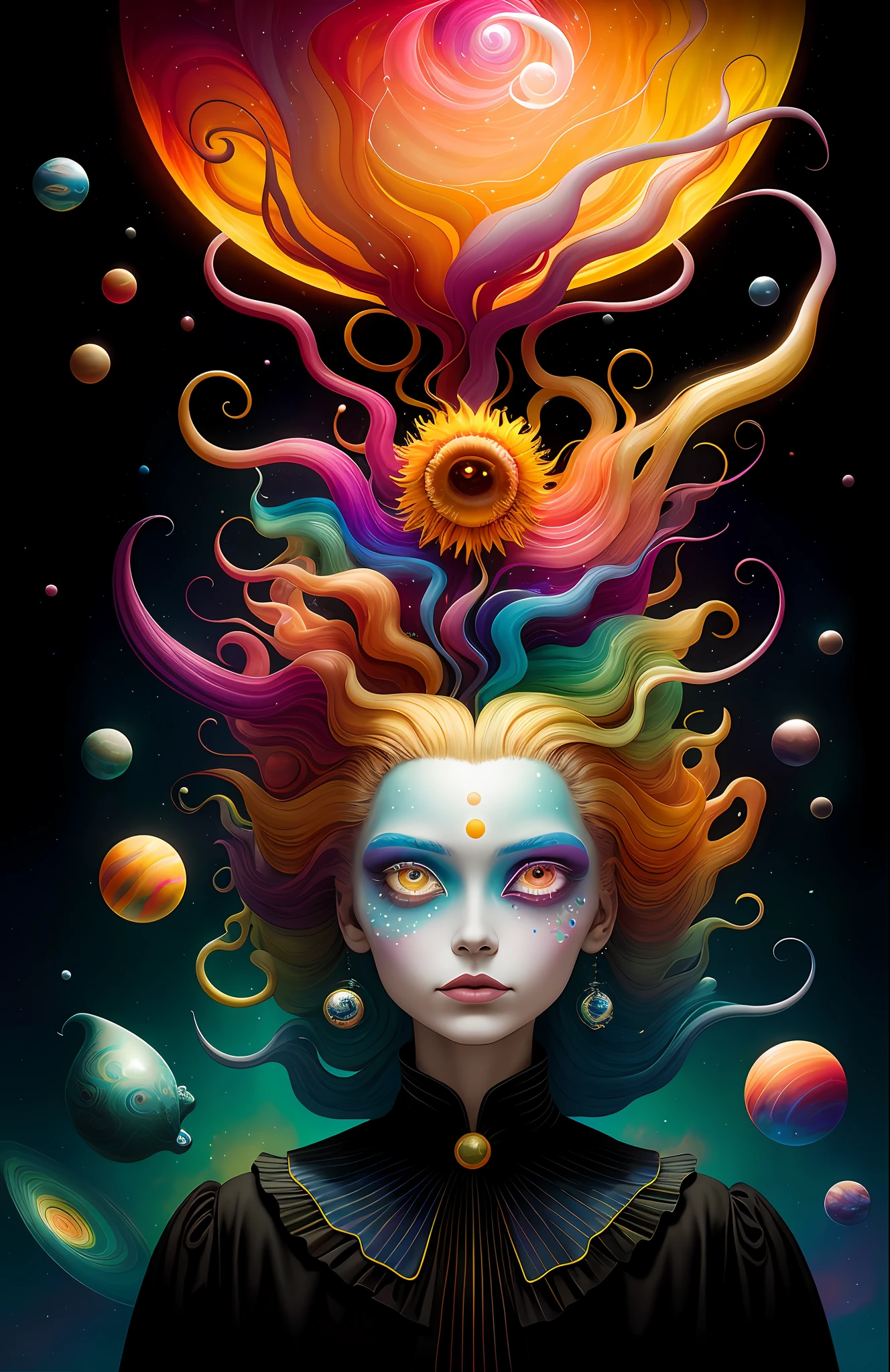 colorpop style, photo photo portrait of the sun surrounded by orbiting planetary moons, blonde pointy hair, natalie shau, mark ryden, alberto seveso, brooke shaden, anna dittmann, flora borsi, 8k resolution, perfect composition, milky way, rainbow color, flying insects, scales, wings, blue, texture, complex, gorgeous, shadow, pastel colors, 3d, Highly detailed, decorated in style, Tim Burton, Dale Chihuly, Xiaolongcheng, Cyril Rolando, by J. Gigue