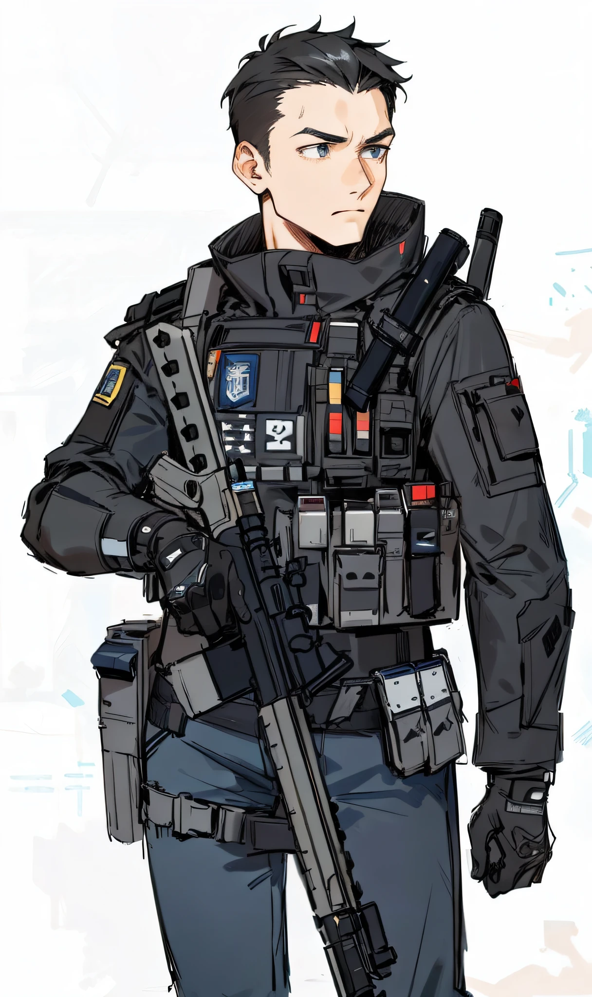 a drawing of a man in a uniform holding a gun, very detailed concept art, detailed full body concept art, dressed in tactical armor, wearing tactical gear, heavily armed, character design police man!!, death stranding art style, highly detailed character design, future soldier clothing, detailed full body concept, highly detailed exquisite fanart, fps game concept art, character design police man