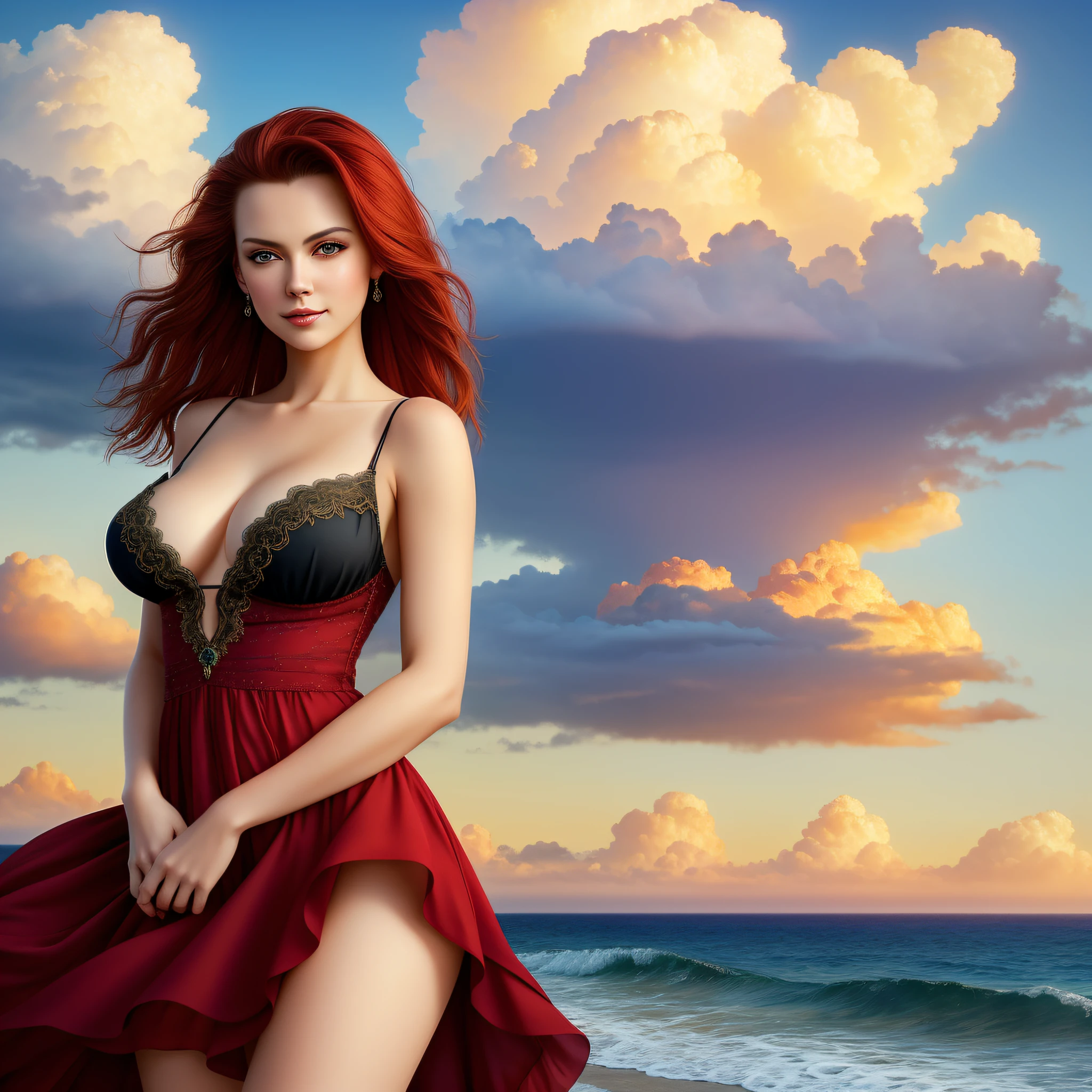 ((best quality)), ((masterpiece)), (detailed)), ((1girl)), beautiful eastern European woman, ethereal, partial smile, enchanting gaze, sexy pose, windy red hair, fabulously elegant short black dress showing off her shoulders , mysterious, charming, mystical sky, (Luis Royo:1.2), sunrise, seaside village, soft colors, (detailed clouds:1.3), (high resolution:1.2)