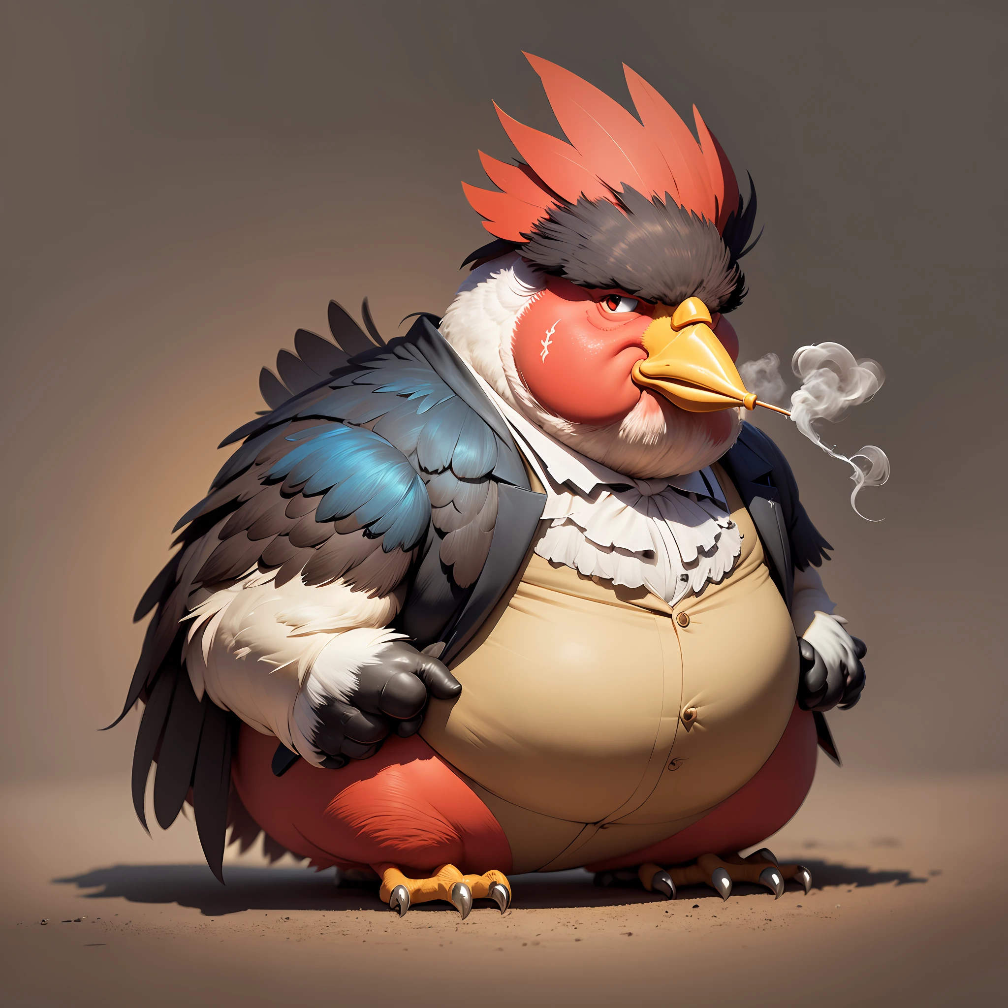 illustration of a caricature of a fat rooster, with a cigarette in his mouth, scars on his face, cracked beak, grumpy face, rich in details, 4k --auto --s2