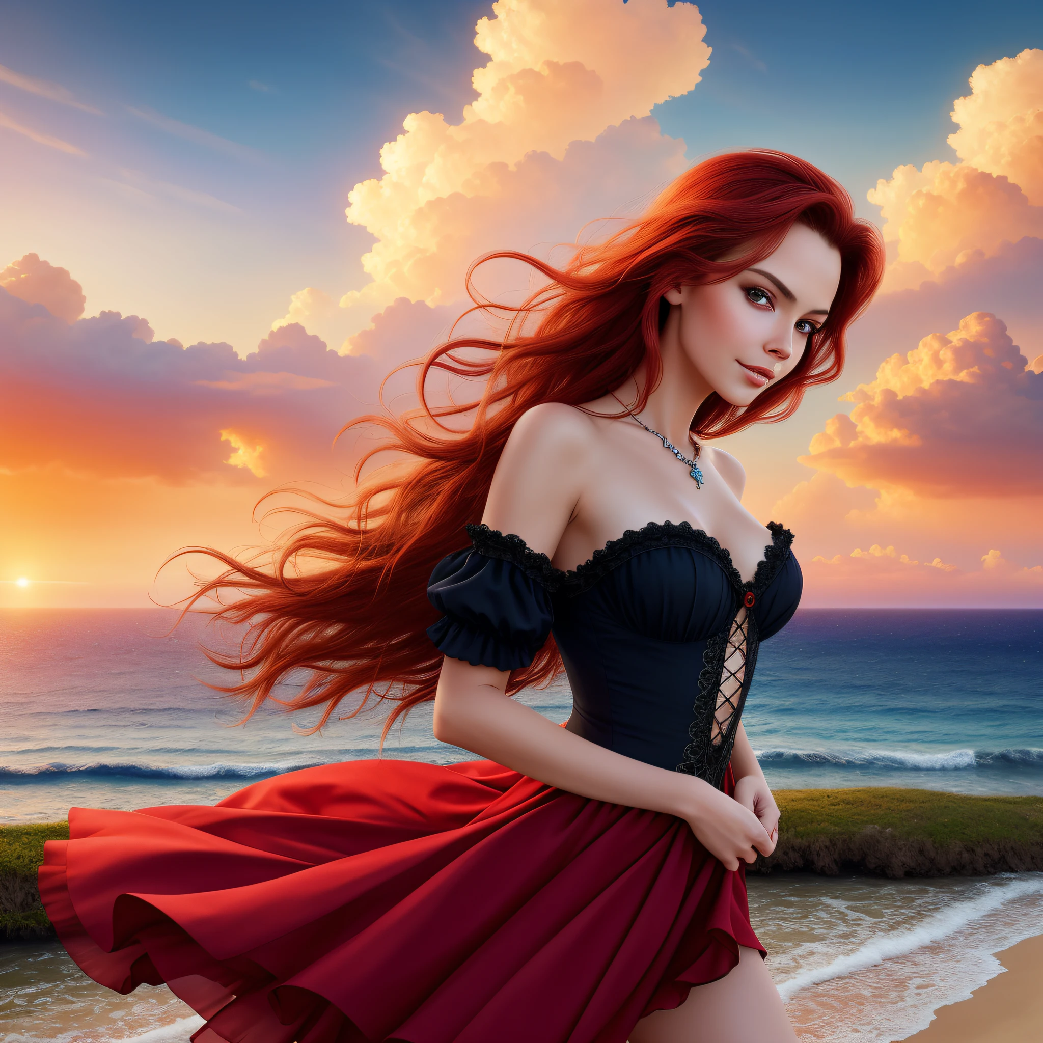 ((best quality)), ((masterpiece)), (detailed)), ((1girl)), beautiful eastern European woman, ethereal, partial smile, enchanting gaze, ???? pose, windy red hair, fabulously elegant short black dress showing off her shoulders , mysterious, charming, mystical sky, (Luis Royo:1.2), sunrise, seaside village, soft colors, (detailed clouds:1.3), (high resolution:1.2)
