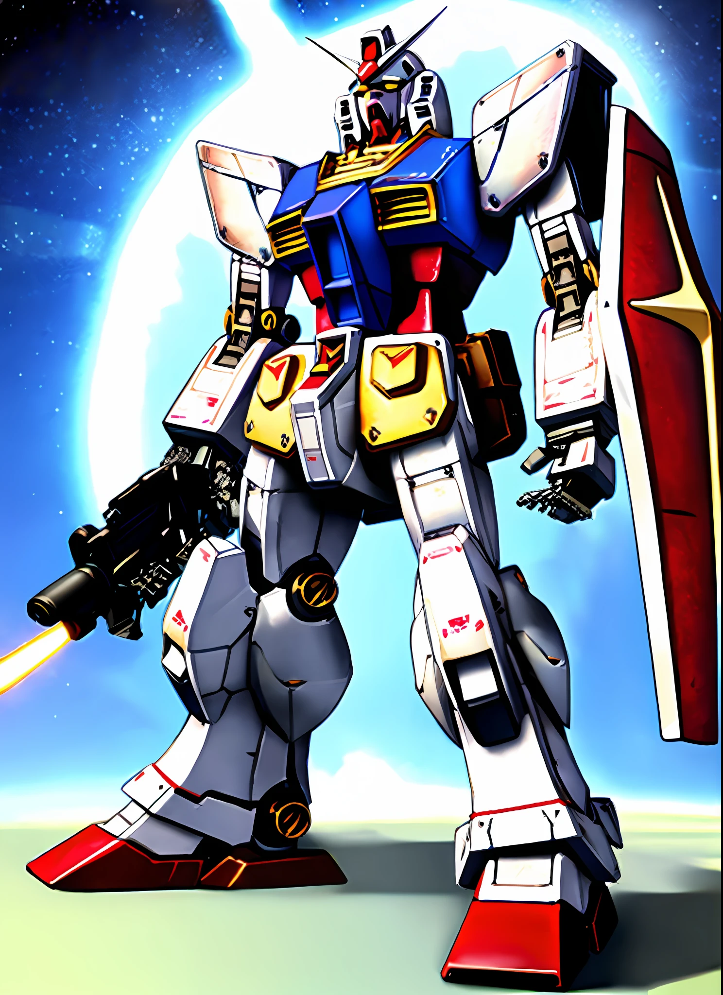 a giant (Gundam rx78 1.2) robot with a gun in its hand and Shield in space, space; earth in the background, ruins, sci-fi, sparks, and flames surround it, Steel, edge rust, and edge wear (extremely detailed CG unity 8k wallpaper), realistic, ((masterpiece)), highest quality, ((scifi)), lens flare, ((light sparkles)), unreal engine, trending on ArtStation, trending on CGSociety, Intricate, High Detail, realism, beautiful and detailed lighting, shadows (was-gunpla)
