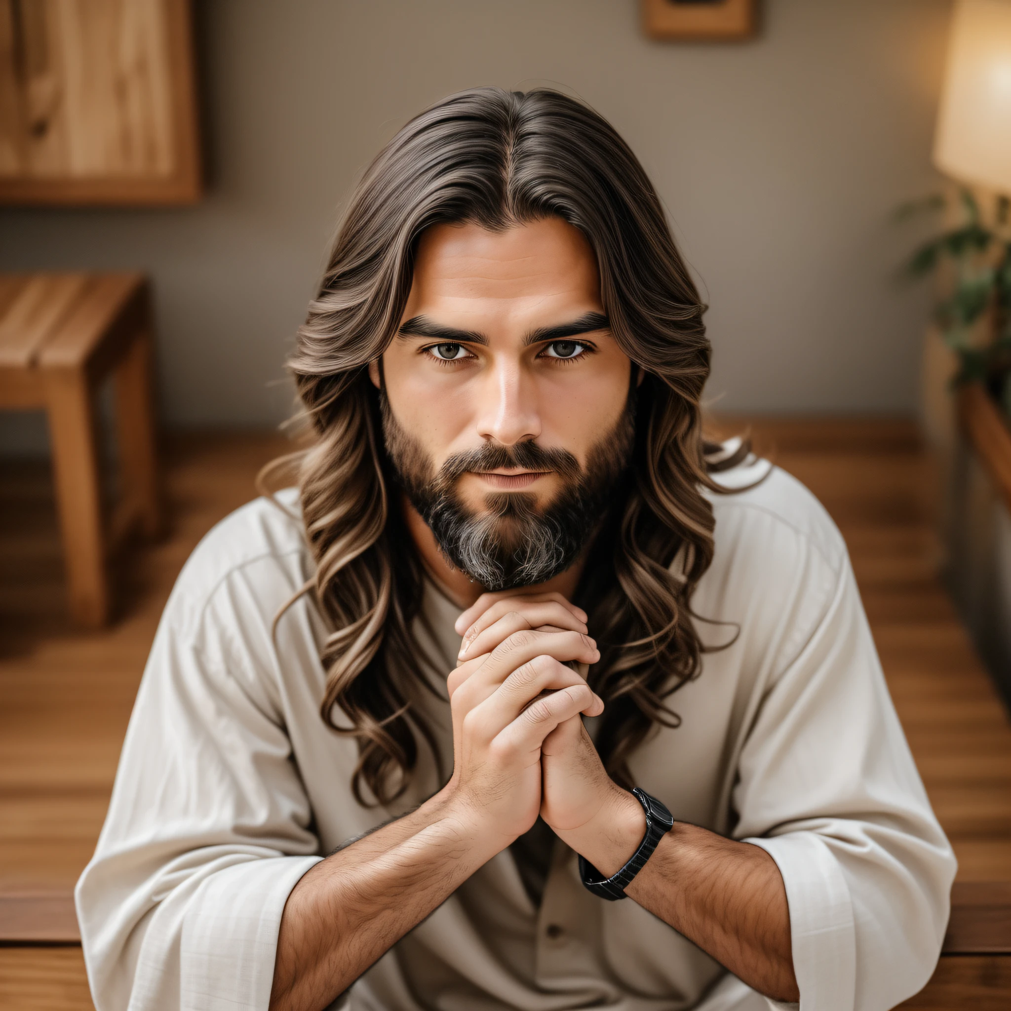 Physical description: Jesus Christ is a man of average height, about 1.80 meters tall. His appearance is marked by a serene expression and a welcoming look. Her hair is dark brown, slightly curly, and falls in locks up to her shoulders. He has a thick beard, also dark brown, which wraps around his face in a rustic and well-groomed style. His eyes are deep brown, conveying calm and compassion.
Clothing: Jesus Christ is wearing a simple tunic, made of white linen, that wraps around his body gently. The tunic has long sleeves and a brown leather belt at the waist, with a simple buckle. His feet are barefoot, showing a connection to the earth and simplicity in his way of life.
Studio setting: The studio setting features a wooden backdrop, with a rustic finish that evokes a cosy atmosphere. The lighting is soft and diffuse, creating a mood of tranquility and introspection. The main light comes from a source positioned slightly to the right of Jesus Christ, at a 45-degree angle to the camera's central axis. This light is softened by a diffuser to ensure smooth shadows and a gradual transition between the illuminated and shaded areas.
Scene description for the photo: Jesus Christ is seated on a small wooden bench, positioned in the center of the scenery. He is slightly leaning forward, with his elbows resting on his knees, conveying a sense of serenity and contemplation. His hands are clasped together gently in his lap. His gaze is directed downward, as if he is reflecting deeply on something. The expression on his face is one of inner peace and spiritual connection.
Photographic equipment: The photo was taken with a mirrorless camera of APS-C format, model Sony Alpha a6400. The lens used is a 35mm prime lens, with a maximum aperture of f/1.8. The camera is mounted on a stable tripod to ensure stability --auto --s2