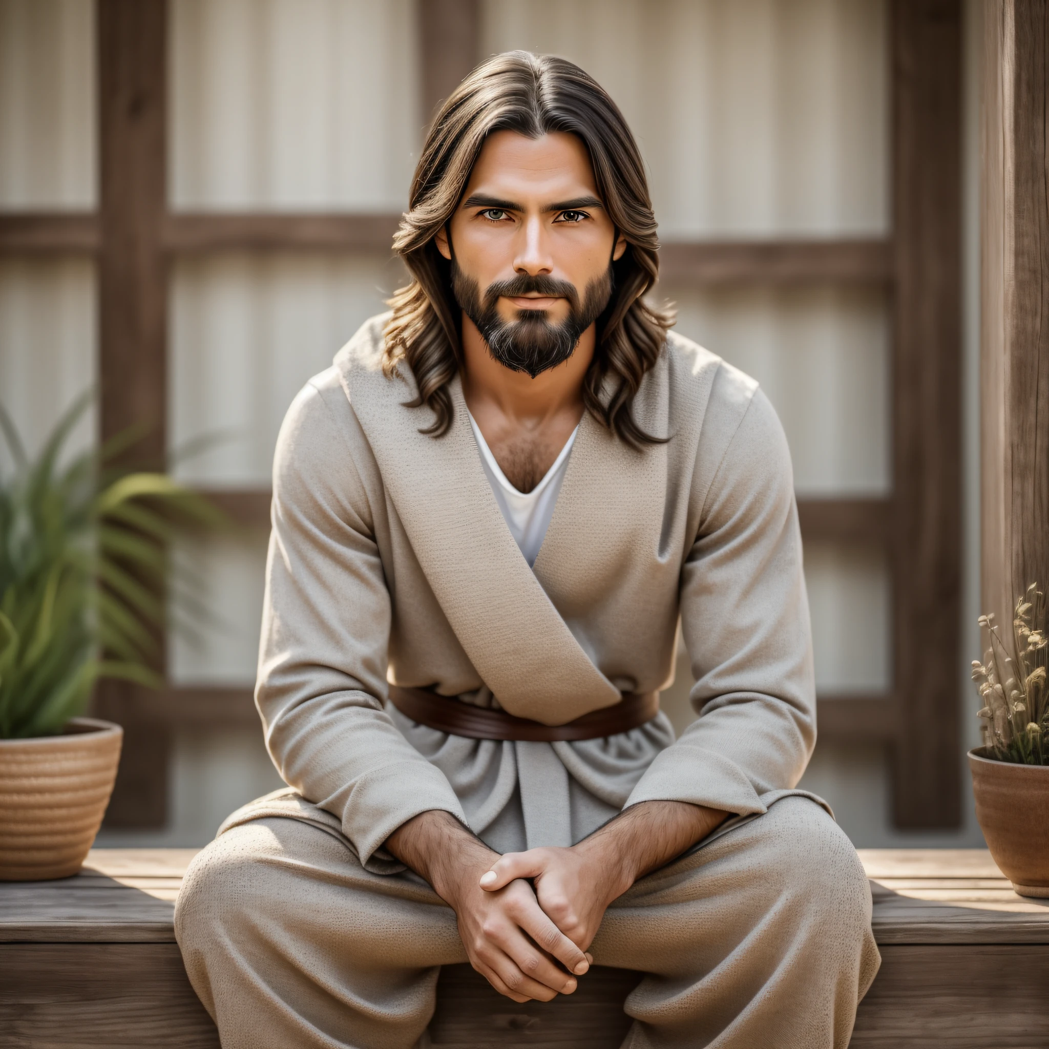 Physical description: Jesus Christ is a man of average height, about 1.80 meters tall. His appearance is marked by a serene expression and a welcoming look. Her hair is dark brown, slightly curly, and falls in locks up to her shoulders. He has a thick beard, also dark brown, which wraps around his face in a rustic and well-groomed style. His eyes are deep brown, conveying calm and compassion.

Clothing: Jesus Christ is wearing a simple tunic, made of white linen, that wraps around his body gently. The tunic has long sleeves and a brown leather belt at the waist, with a simple buckle. His feet are barefoot, showing a connection to the earth and simplicity in his way of life.

Studio setting: The studio setting features a wooden backdrop, with a rustic finish that evokes a cosy atmosphere. The lighting is soft and diffuse, creating a mood of tranquility and introspection. The main light comes from a source positioned slightly to the right of Jesus Christ, at a 45-degree angle to the camera's central axis. This light is softened by a diffuser to ensure smooth shadows and a gradual transition between the illuminated and shaded areas.

Scene description for the photo: Jesus Christ is seated on a small wooden bench, positioned in the center of the scenery. He is slightly leaning forward, with his elbows resting on his knees, conveying a sense of serenity and contemplation. His hands are clasped together gently in his lap. His gaze is directed downward, as if he is reflecting deeply on something. The expression on his face is one of inner peace and spiritual connection.

Photographic equipment: The photo was taken with a mirrorless camera of APS-C format, model Sony Alpha a6400. The lens used is a 35mm prime lens, with a maximum aperture of f/1.8. The camera is mounted on a stable tripod to ensure stability --auto --s2