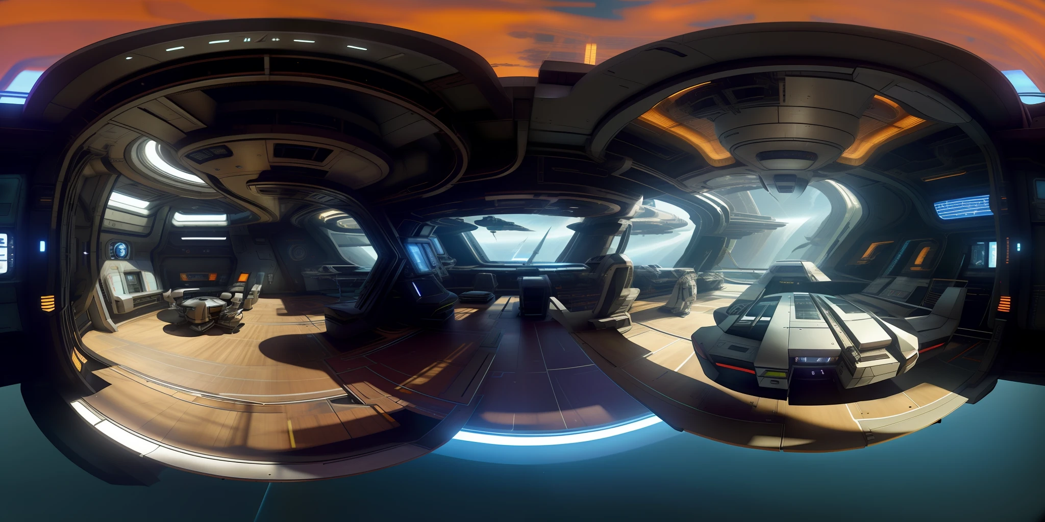 arafed view of a futuristic space station with a spaceship and a spaceship, stunning visuals with rtx on, inside a space ship, 3 6 0 render panorama, star citizen halo, ultrawide shot, space station interior, ultra wide shot, ultra-wide shot, ultra - wide shot, inside a spaceship, star citizen digital art, ultrawide angle cinematic view