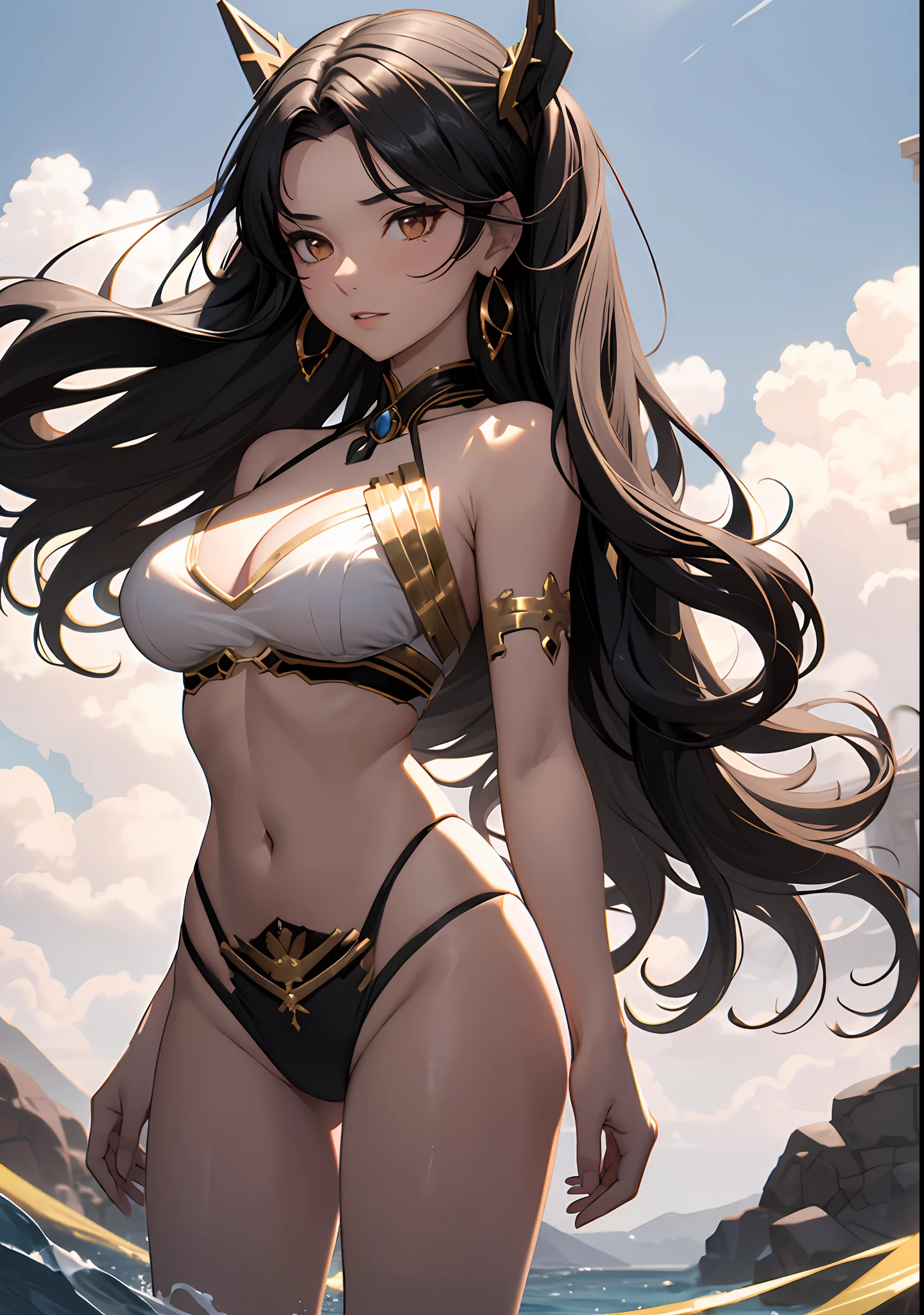 Best quality, masterpiece, beautiful girl in white-black-gold bikini, ishtar, divine, detailed, intricate, sexy, big boobs, ripped, realistic, "cowboy shot"