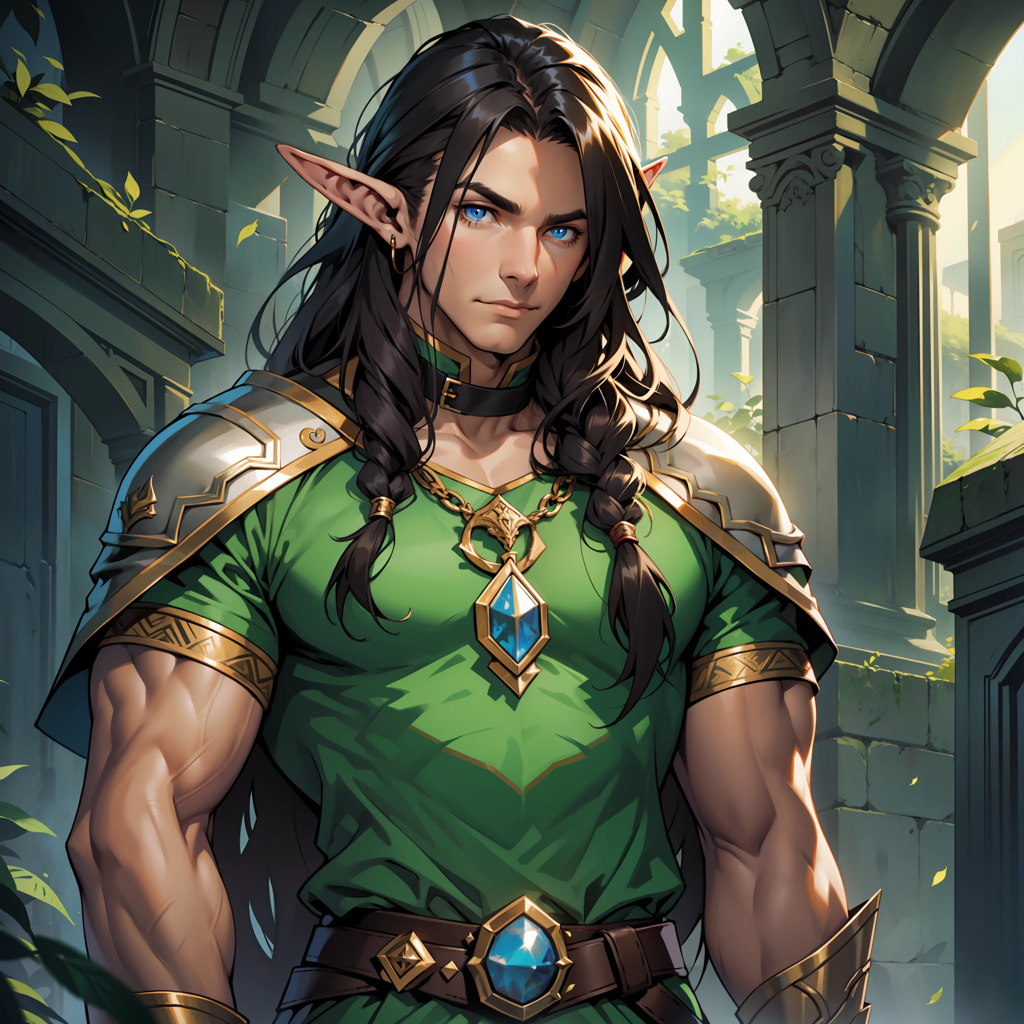 Male, elf, tall, muscular, long_hair, dark_hair, evening, dark_light, portrait, DnD