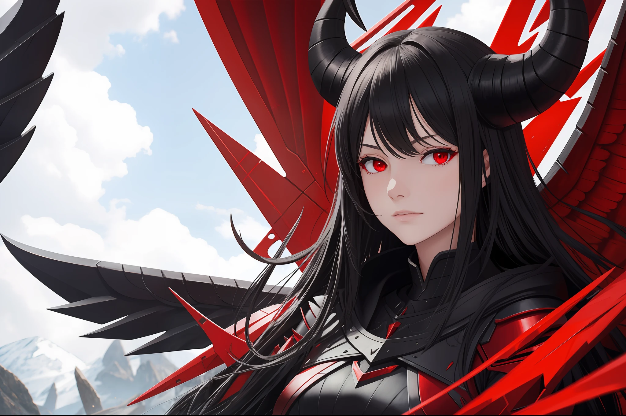 woman, black wings, horns, red armour,