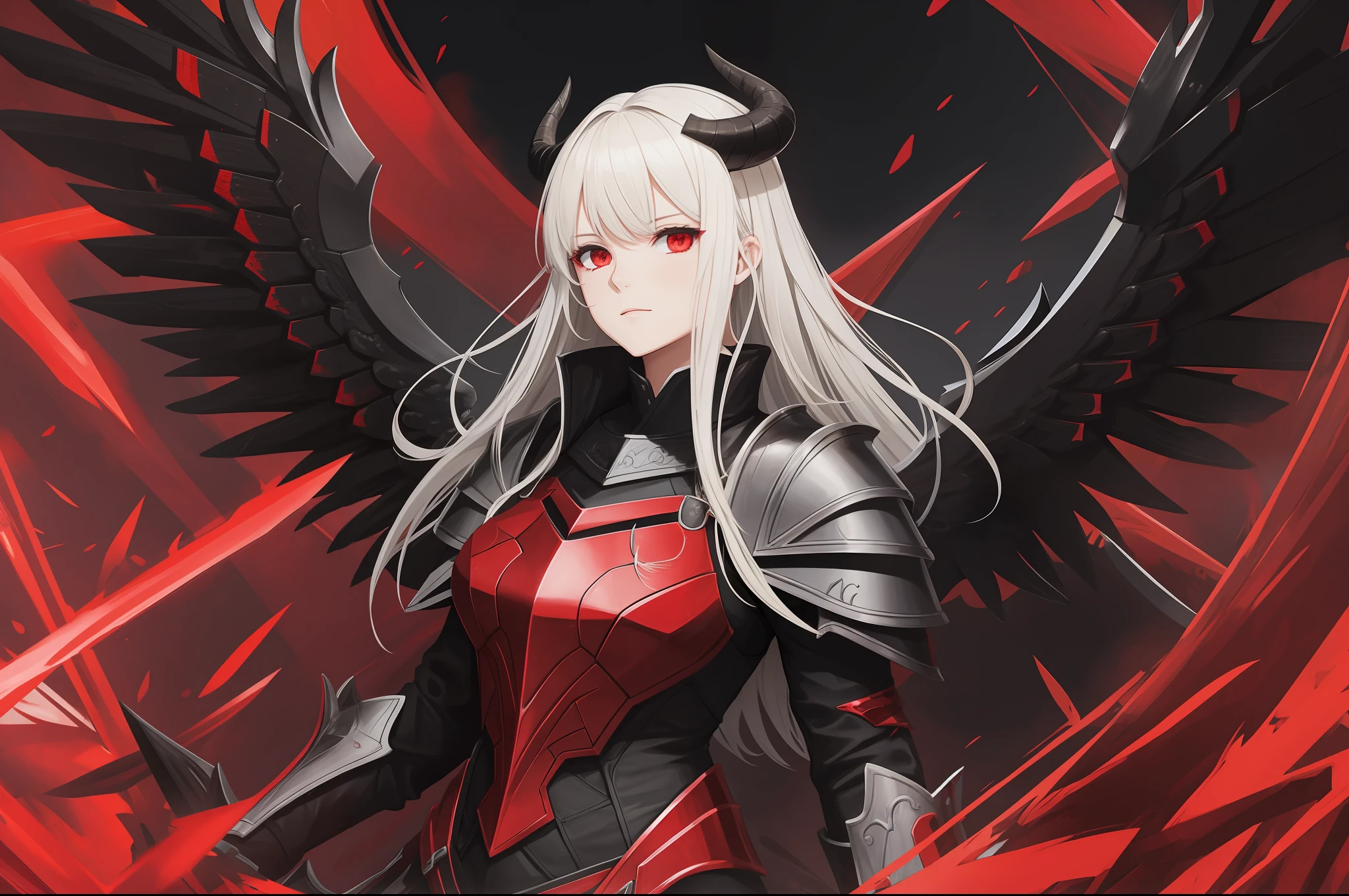 woman, black wings, horns, red armour,