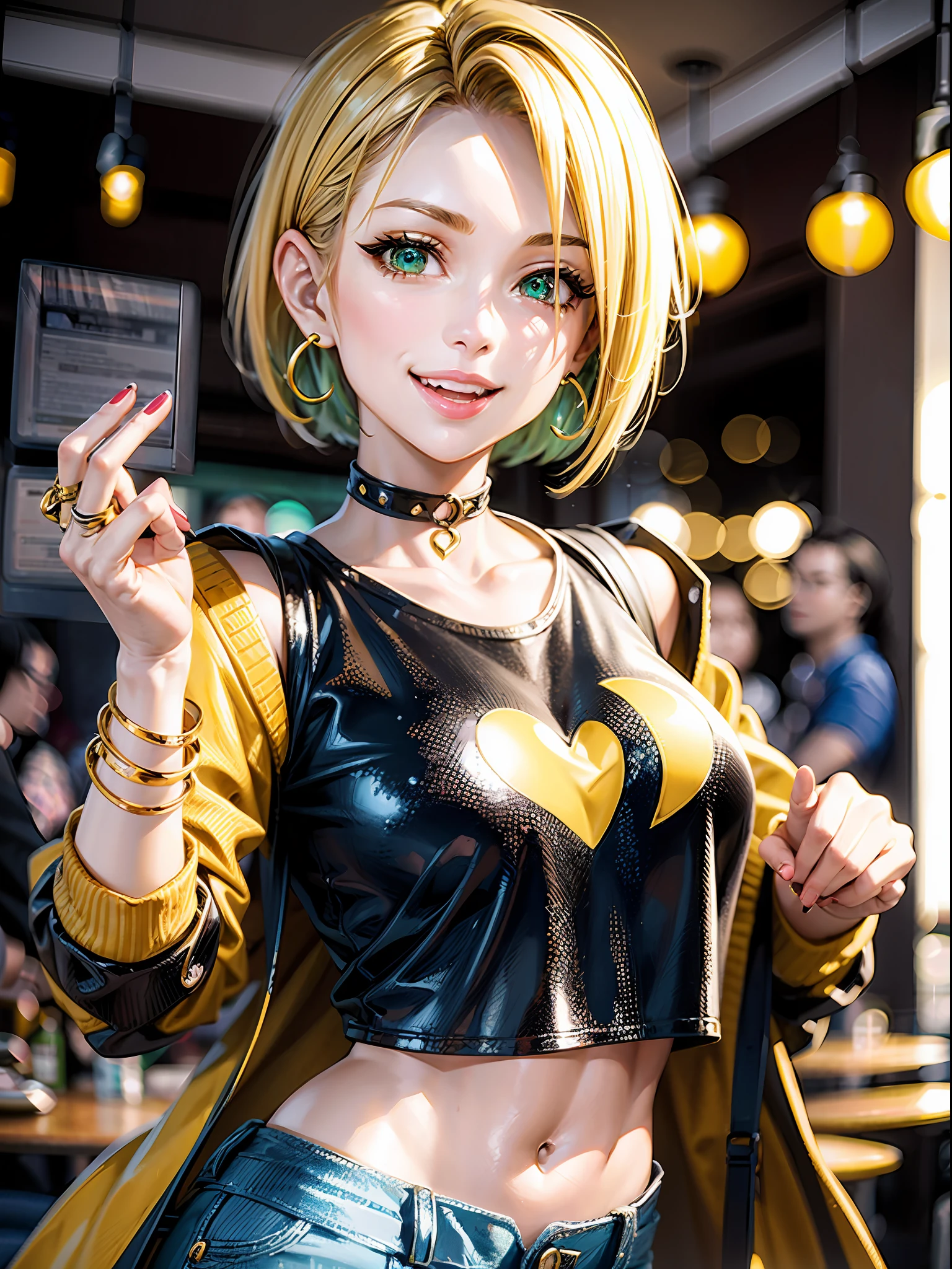 A grown-up, jovial woman, smiling with her mouth open, cheerful expression, dynamic pose, blonde pixie hair, emerald green eyes, clothes bigger than her, aberra yellow jacket full of assorted zipers and stickers, six small, black t-shirt, dark jeans, in dynamic pose, red lipstick, heart earrings made of emeralds, many rings on her hands, in a café, (sepia:1.2), various lighting effects, volumetric lighting