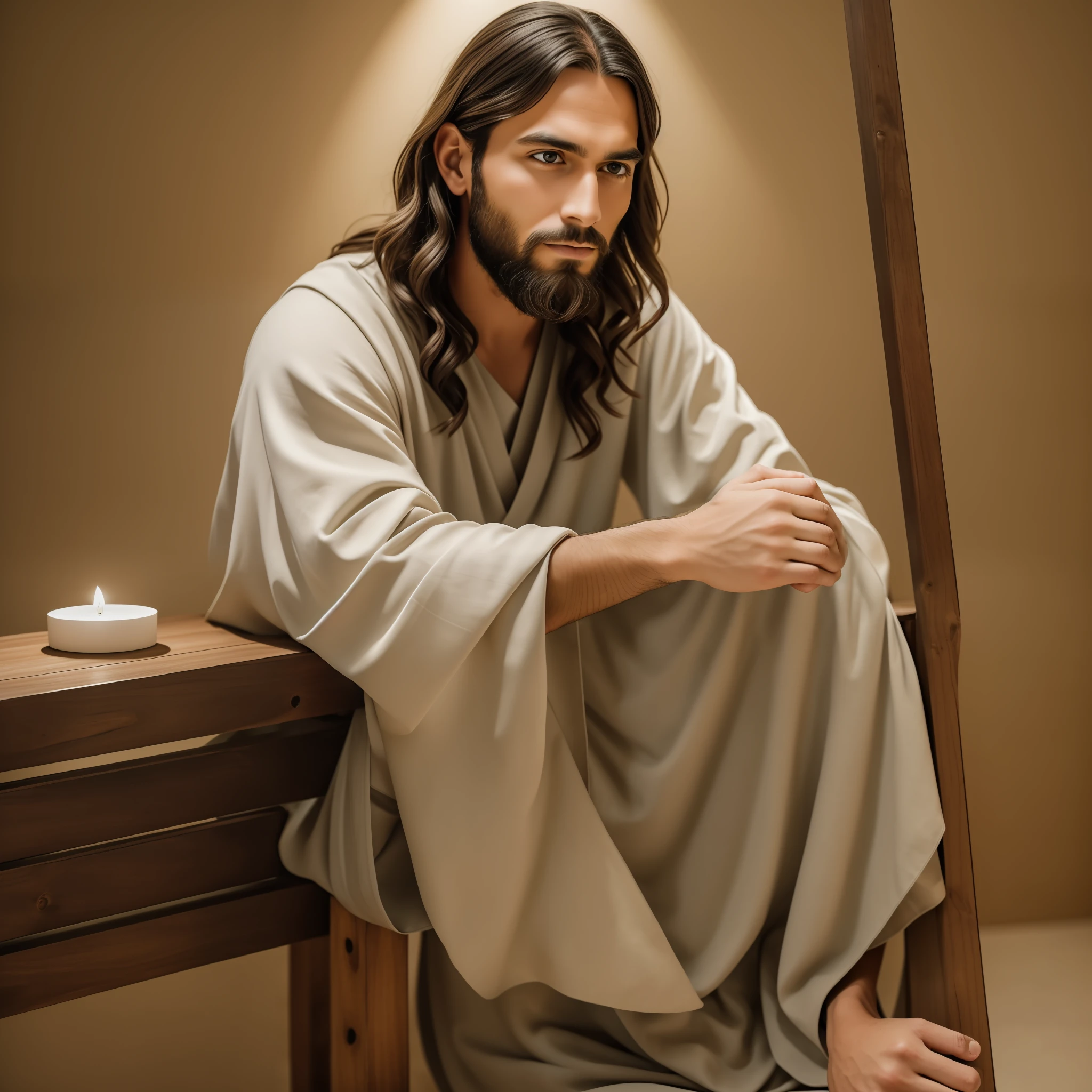 Physical description: Jesus Christ is a man of average height, about 1.80 meters tall. His appearance is marked by a serene expression and a welcoming look. Her hair is dark brown, slightly curly, and falls in locks up to her shoulders. He has a thick beard, also dark brown, which wraps around his face in a rustic and well-groomed style. His eyes are deep brown, conveying calm and compassion.
Clothing: Jesus Christ is wearing a simple tunic, made of white linen, that wraps around his body gently. The tunic has long sleeves and a brown leather belt at the waist, with a simple buckle. His feet are barefoot, showing a connection to the earth and simplicity in his way of life.
Studio setting: The studio setting features a wooden backdrop, with a rustic finish that evokes a cosy atmosphere. The lighting is soft and diffuse, creating a mood of tranquility and introspection. The main light comes from a source positioned slightly to the right of Jesus Christ, at a 45-degree angle to the camera's central axis. This light is softened by a diffuser to ensure smooth shadows and a gradual transition between the illuminated and shaded areas.
Scene description for the photo: Jesus Christ is seated on a small wooden bench, positioned in the center of the scenery. He is slightly leaning forward, with his elbows resting on his knees, conveying a sense of serenity and contemplation. His hands are clasped together gently in his lap. His gaze is directed downward, as if he is reflecting deeply on something. The expression on his face is one of inner peace and spiritual connection.
Photographic equipment: The photo was taken with a mirrorless camera of APS-C format, model Sony Alpha a6400. The lens used is a 35mm prime lens, with a maximum aperture of f/1.8. The camera is mounted on a stable tripod to ensure stability --auto --s2