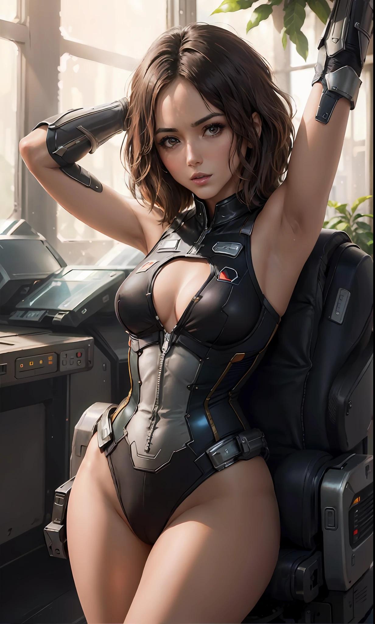 Gal Gadot as the captain of a spaceship, looking into space through a glass window, (inspired by Mass Effect), an armor, arms up, armpits, (8k, foto RAW, fotorrealista: 1, 25), (muito brilho labial, muitos cílios, melhor qualidade, ultra alta resolução, Profundidade de Campo, Aberração Cromática, Luz Ampla, Cor Natural, distant images (1:2)