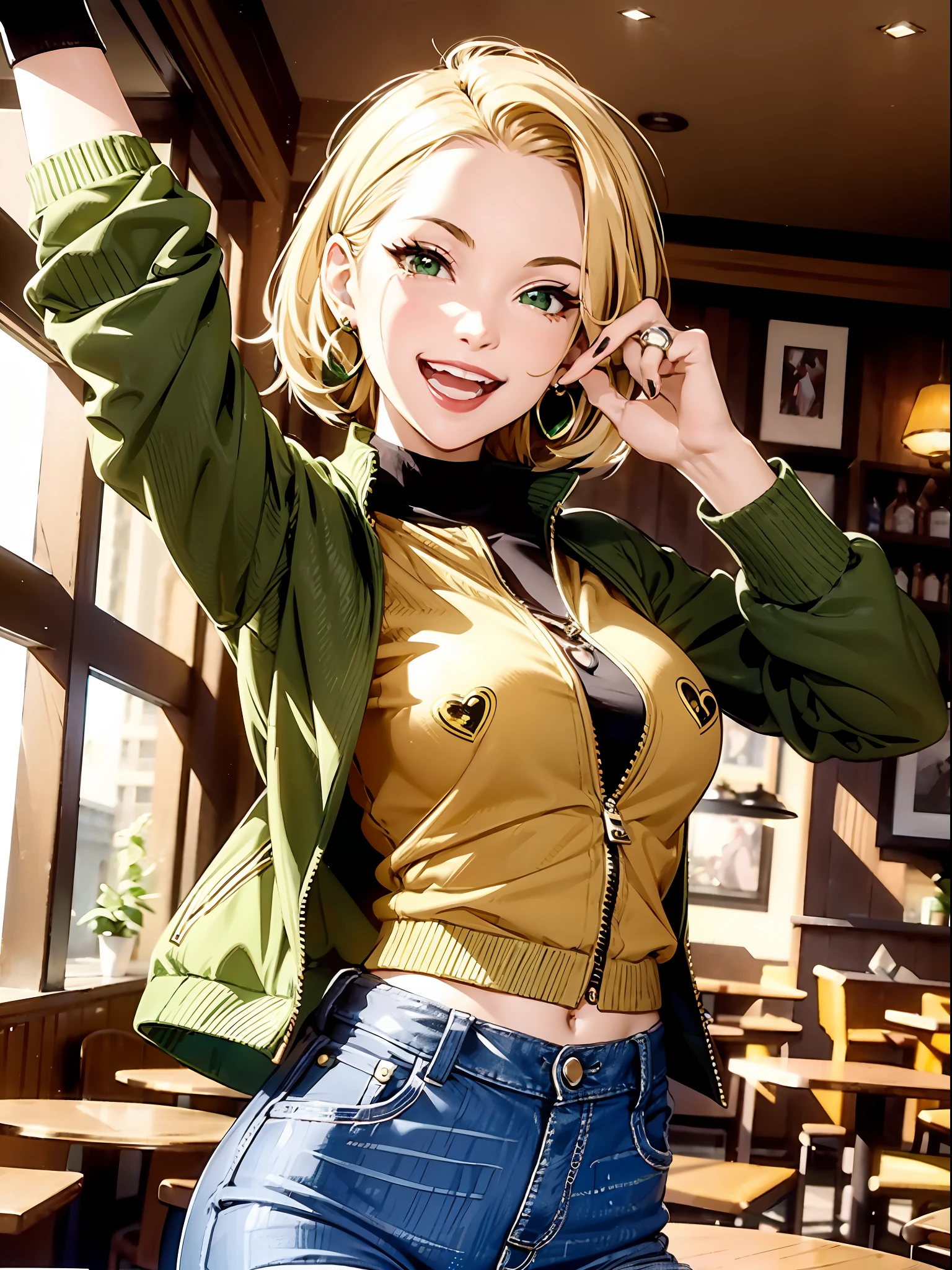 A grown-up, jovial woman, smiling with her mouth open, cheerful expression, dynamic pose, blonde pixie hair, emerald green eyes, clothes bigger than her, aberra yellow jacket full of assorted zipers and stickers, six small, black t-shirt, dark jeans, in dynamic pose, red lipstick, heart earrings made of emeralds, many rings on her hands, in a café, (sepia:1.2), various lighting effects, volumetric lighting