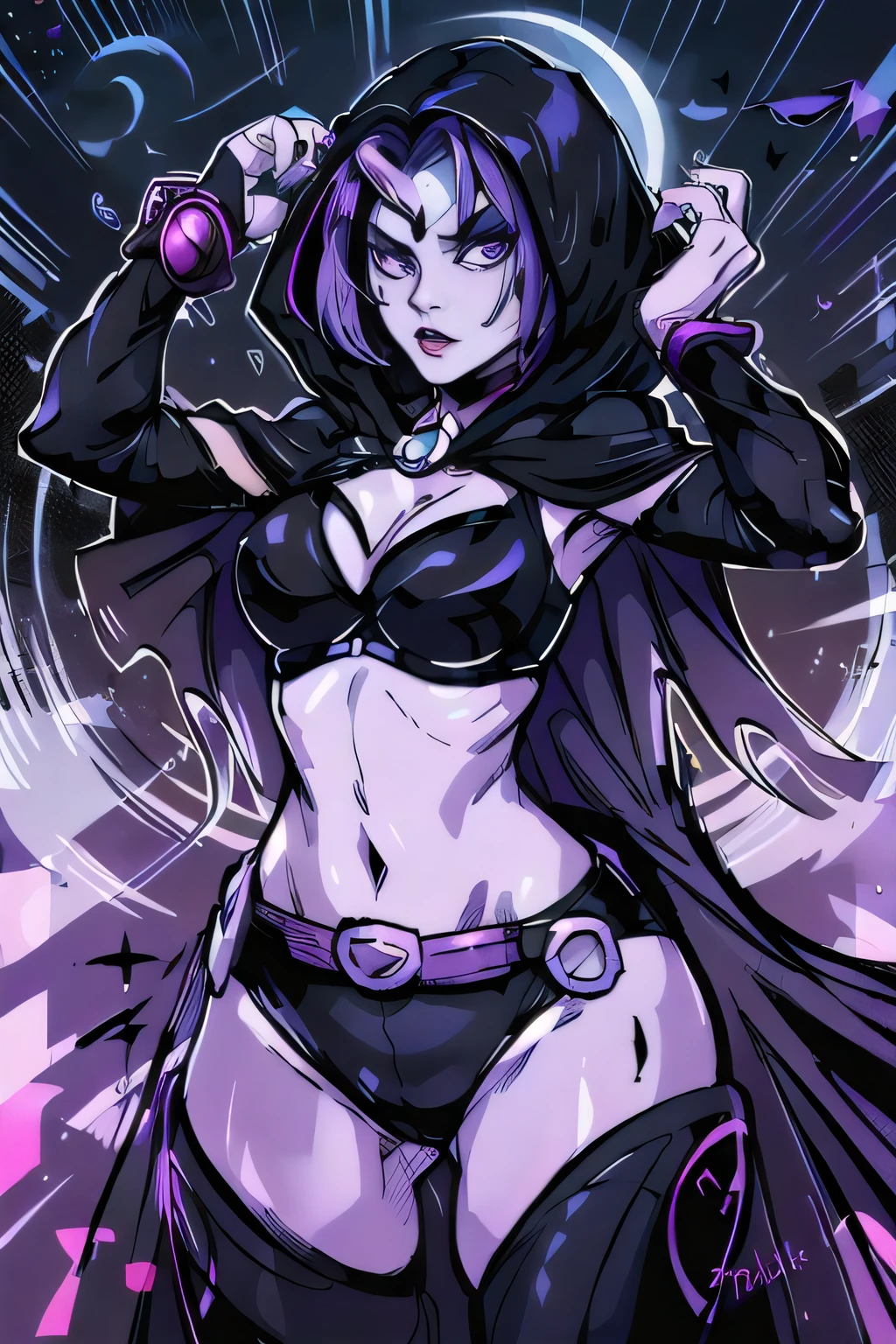 1girl, raven, black leotard, black cape, hood, purple hair, forehead jewel, purple eyes, short hair, belt, skin tight, standing, , toned, breasts,night, moonlight, ((posing)), motion lines, torso, upper body, portrait, b&w. outline,