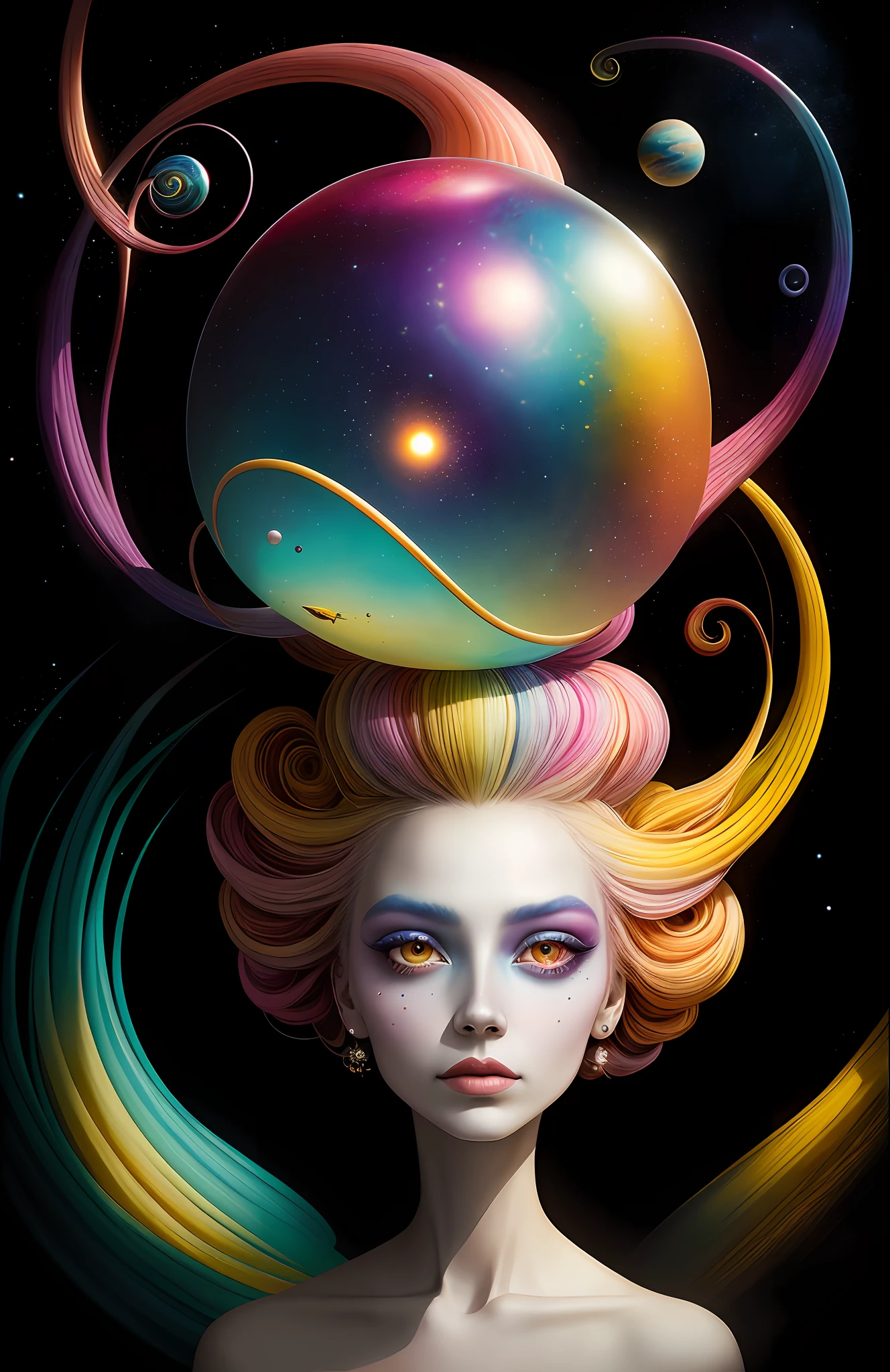 colorpop style, photo photo portrait of the sun surrounded by orbiting planetary moons, blonde pointy hair, natalie shau, mark ryden, alberto seveso, brooke shaden, anna dittmann, flora borsi, 8k resolution, perfect composition, milky way, rainbow color, flying insects, scales, wings, blue, texture, complex, gorgeous, shadow, pastel colors, 3d, Highly detailed, decorated in style, Tim Burton, Dale Chihuly, Xiaolongcheng, Cyril Rolando, by J. Gigue