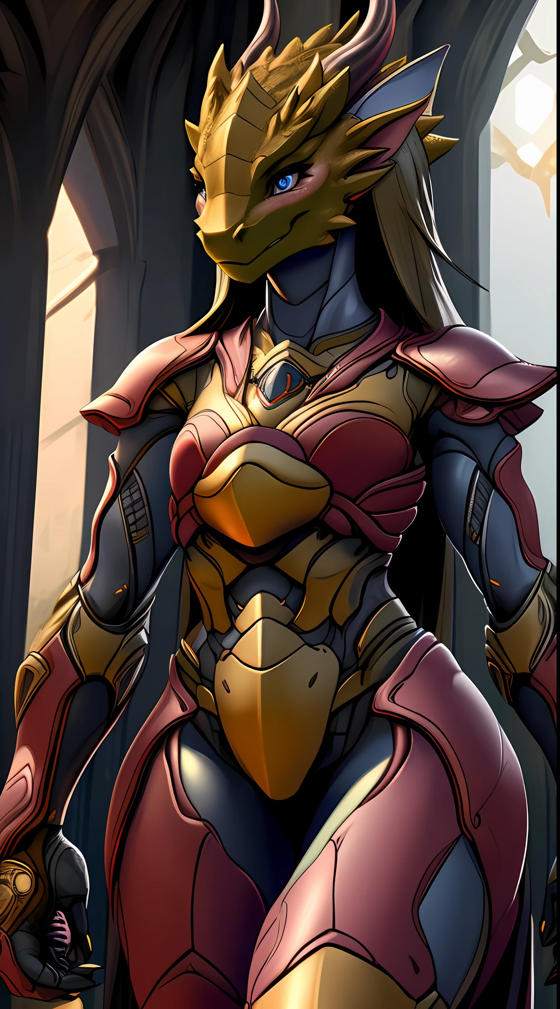 (Dragon), woman, antrum, high detail, high resolution, solo, small breasts, fair skin, colored details, long hair, slender body, detailed, far, small body, full armor, breastplate, simple cover, detailed texture, dynamic lighting, perfect lighting, highlighted shadows, realistic style, dark style,