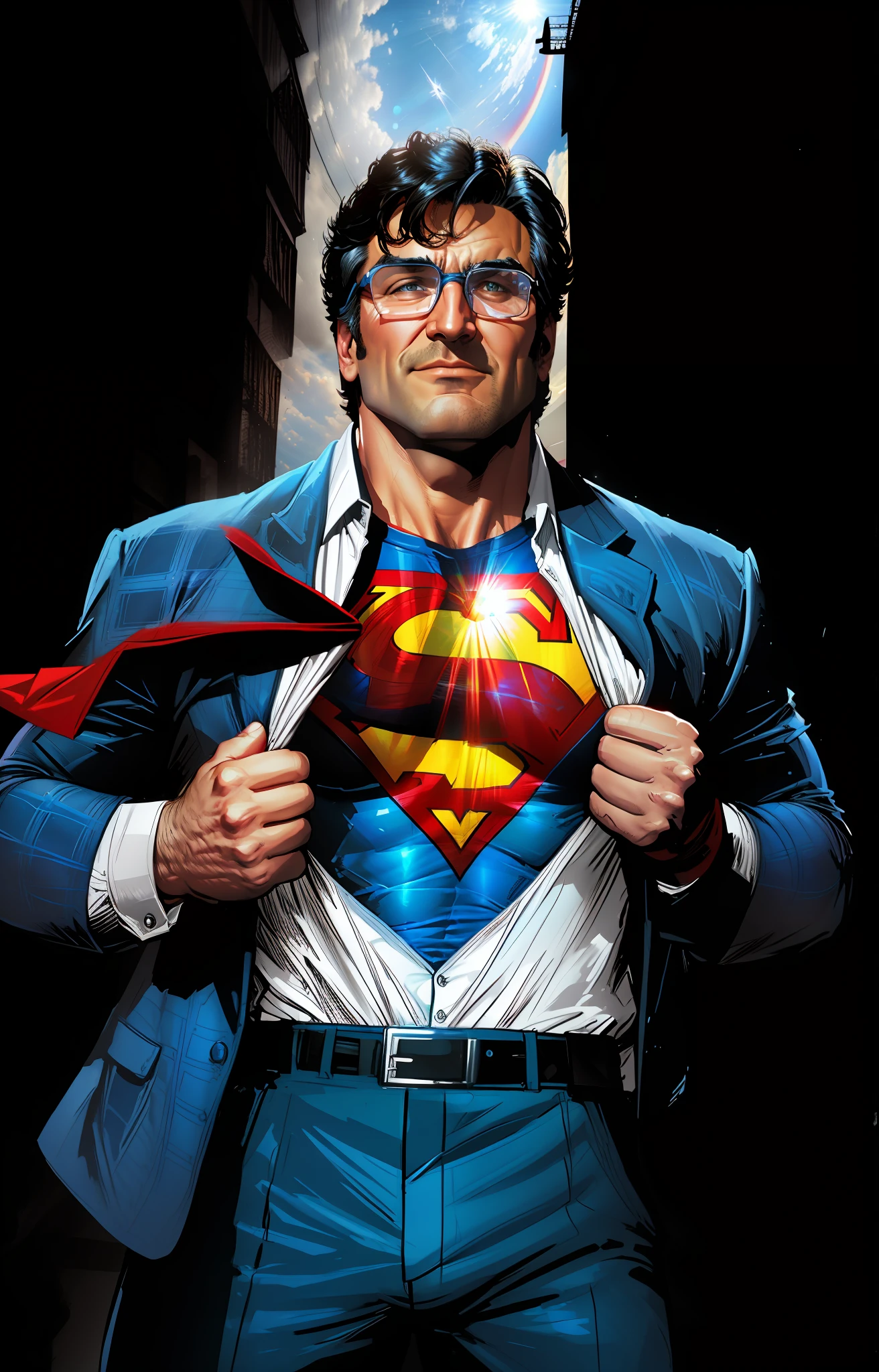 superman is opening his shirt to reveal the superman logo, superman, gabe newell as a superman, inspired by Howard Chaykin, textless, neal adams | portrait, superman pose, danny devito as superman, inspired by Neal Adams, superman costume, style of dc comics, superman emerging from the sun, jason fabok, inspired by Jim Lee, superman is high