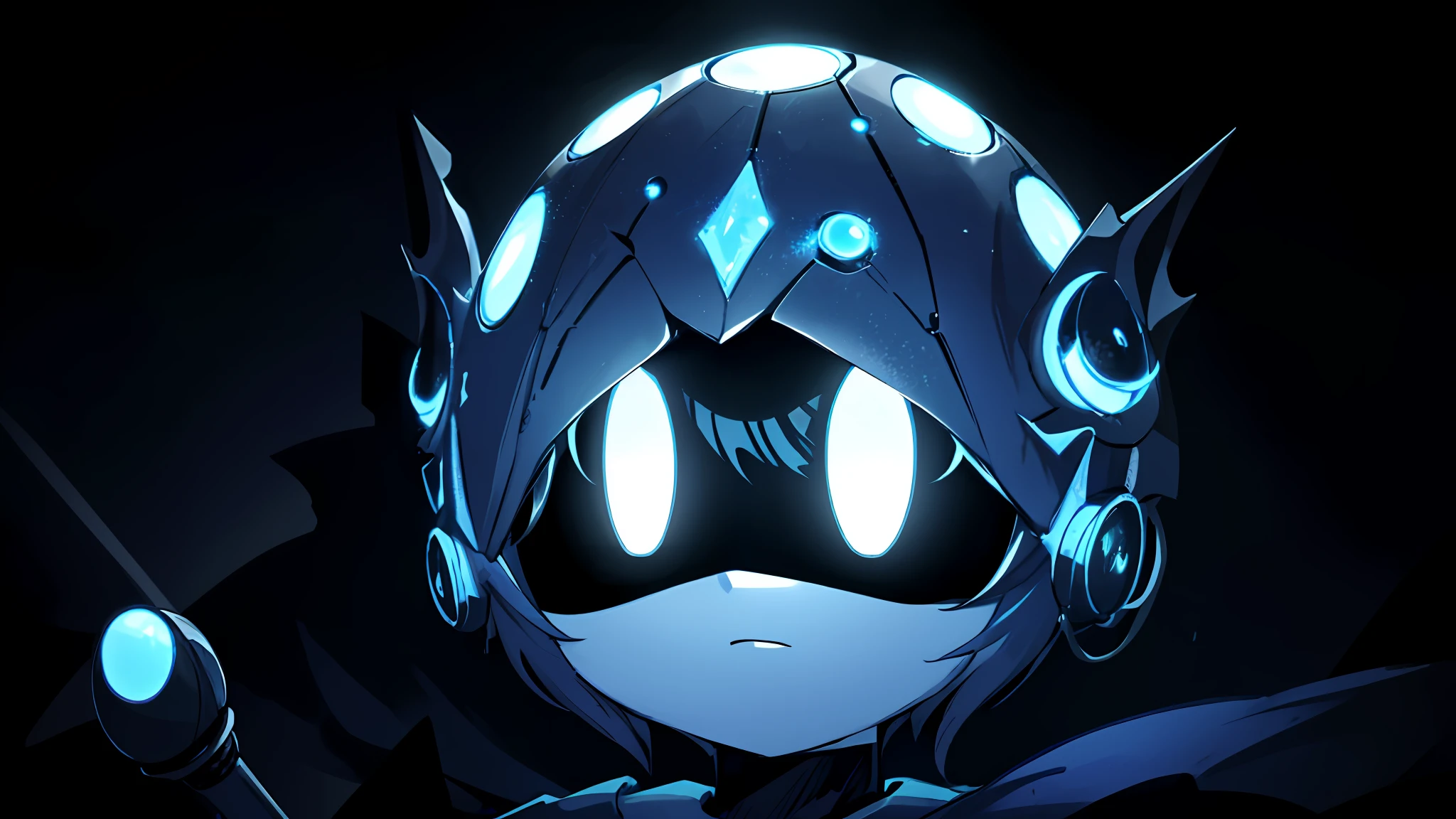 a close up of a toy with a microphone in front of a microphone, numerous dimly glowing eyes, detailed glowing head, with huge luminous sad eyes, glowing eyes everywhere, with glowing eyes, glowing head, large glowing eyes, glowing blue face, the knight from hollow knight, magical glowing eyes, metal and glowing eyes, eerie glowing eyes, glowing magical eyes