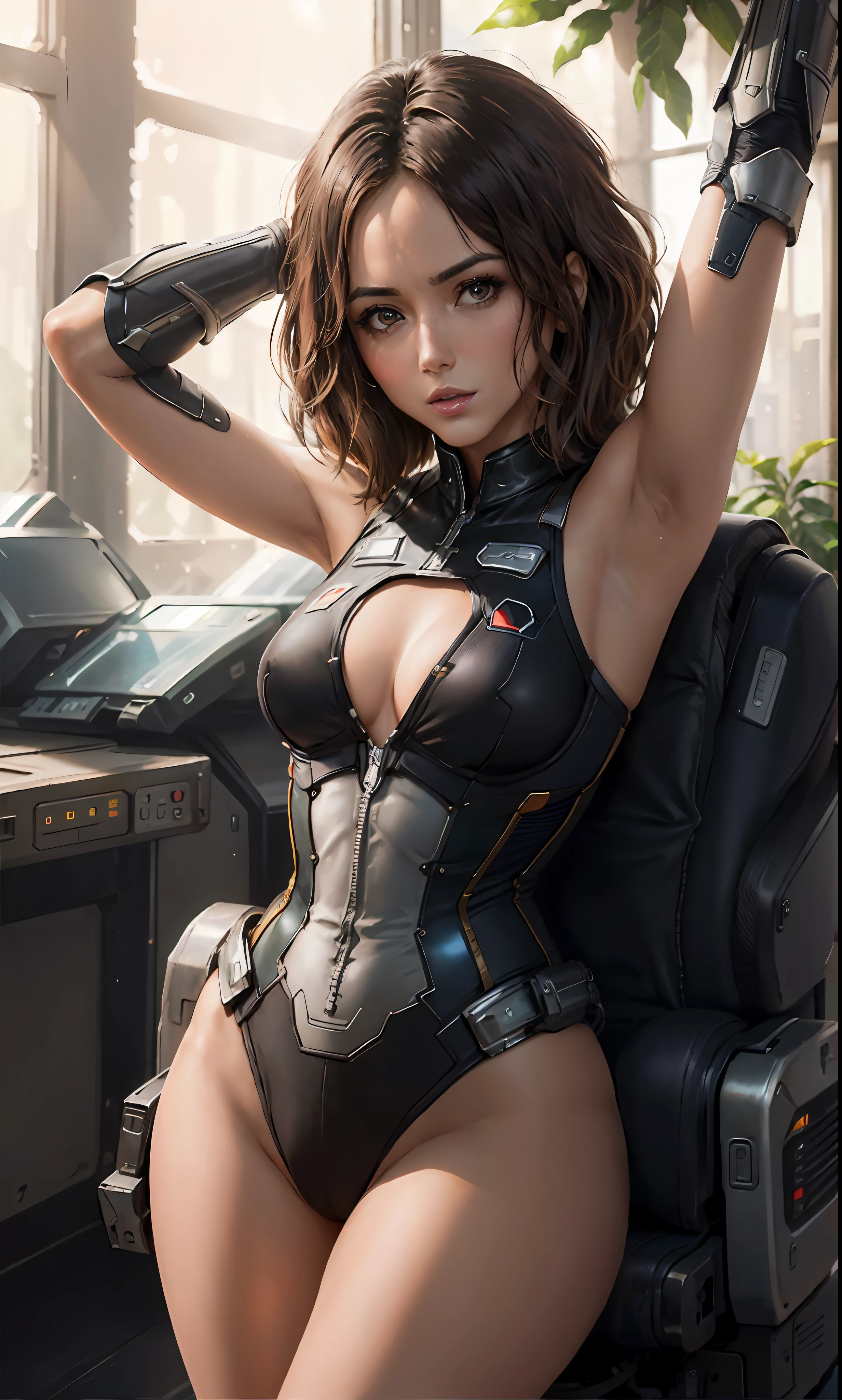 Gal Gadot as the captain of a spaceship, looking into space through a glass window, (inspired by Mass Effect), an armor, arms up, armpits, (8k, foto RAW, fotorrealista: 1, 25), (muito brilho labial, muitos cílios, melhor qualidade, ultra alta resolução, Profundidade de Campo, Aberração Cromática, Luz Ampla, Cor Natural, distant images (1:2)