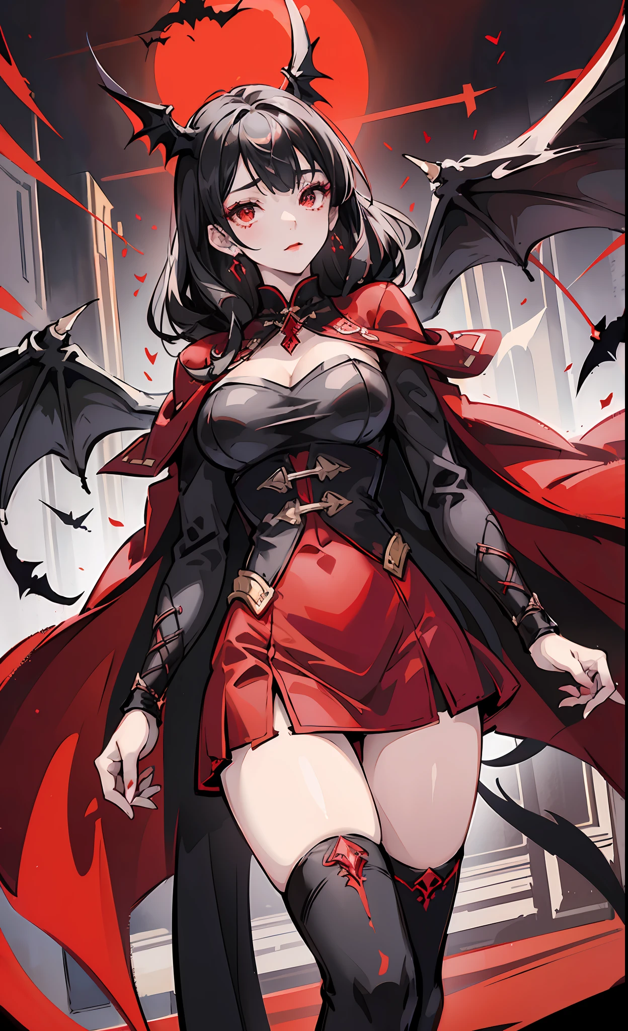 (dynamic angle),(1girl),(original character),(pose: flying),(dramatic lighting), woman with black hair, red eyes, right eye covered by hair, red lipstick on mouth, vampire, long and elegant clothes, black dress, red shorts, black cape, bat wings --auto --s2