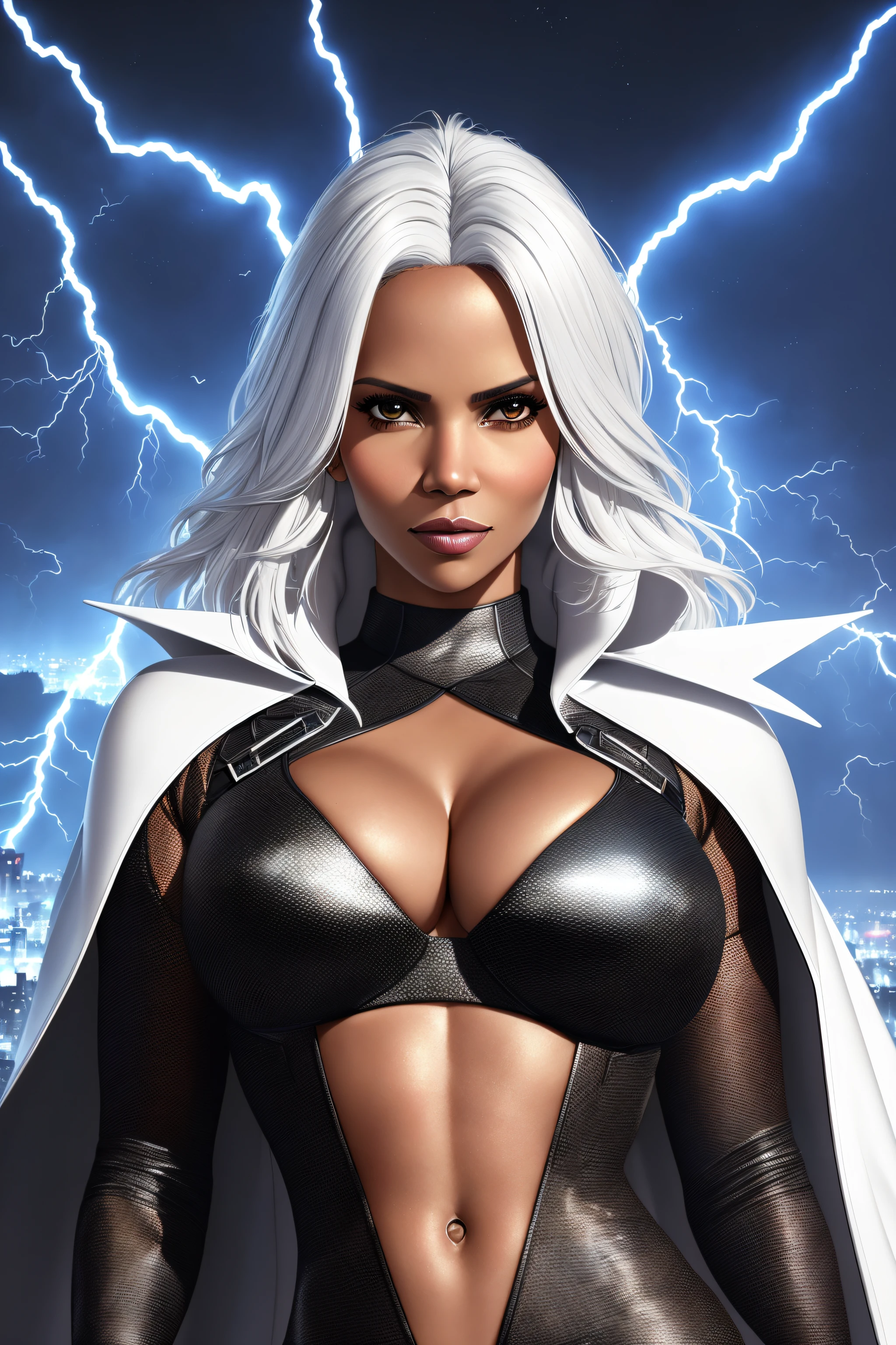 sexy [Halle Berry] from X-Men with white hair wearing tight-fitting outfit with cape flying over night city with lightnings coming out of hands,
lighning bolts, storm, tornado,
beautiful face,perfect face,
skin pores, intricate skin texture, realistic skin, black skin,
single girl, solo girl,
analog style,glossy,
realistic, photo shoot, professional, limited palette,high contrast,amazing detail,dynamic lights,
hyperrealism, masterpiece, best quality, HDR, viewpoint, highest quality, sharp focus, digital art render, 8k