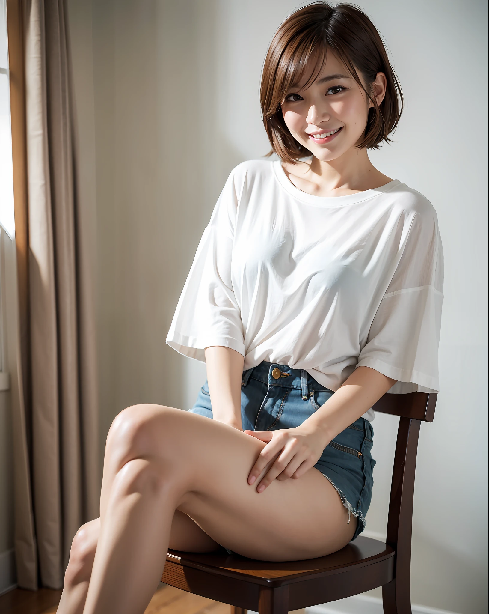 best quality, face focus, soft light, (depth of field) ,ultra high res, (photorealistic:1.4), RAW photo, (moody lighting, night:1.2), bedroom,
(upper thigh:1.4)
1japanese girl, solo, cute, kawaii, (shy, smile:1.1), (brown eyes), natural face, (short hair),
(sit on gray linen chair)
BREAK
(white naked oversize t-shirt:1.2)