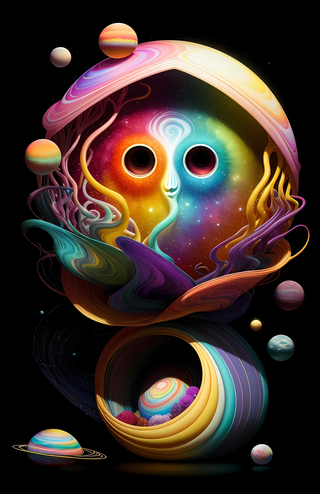 colorpop style, photo photo portrait of the sun surrounded by orbiting planetary moons, blonde pointy hair, natalie shau, mark ryden, alberto seveso, brooke shaden, anna dittmann, flora borsi, 8k resolution, perfect composition, milky way, rainbow color, flying insects, scales, wings, blue, texture, complex, gorgeous, shadow, pastel colors, 3d, Highly detailed, decorated in style, Tim Burton, Dale Chihuly, Xiaolongcheng, Cyril Rolando, by J. Gigue