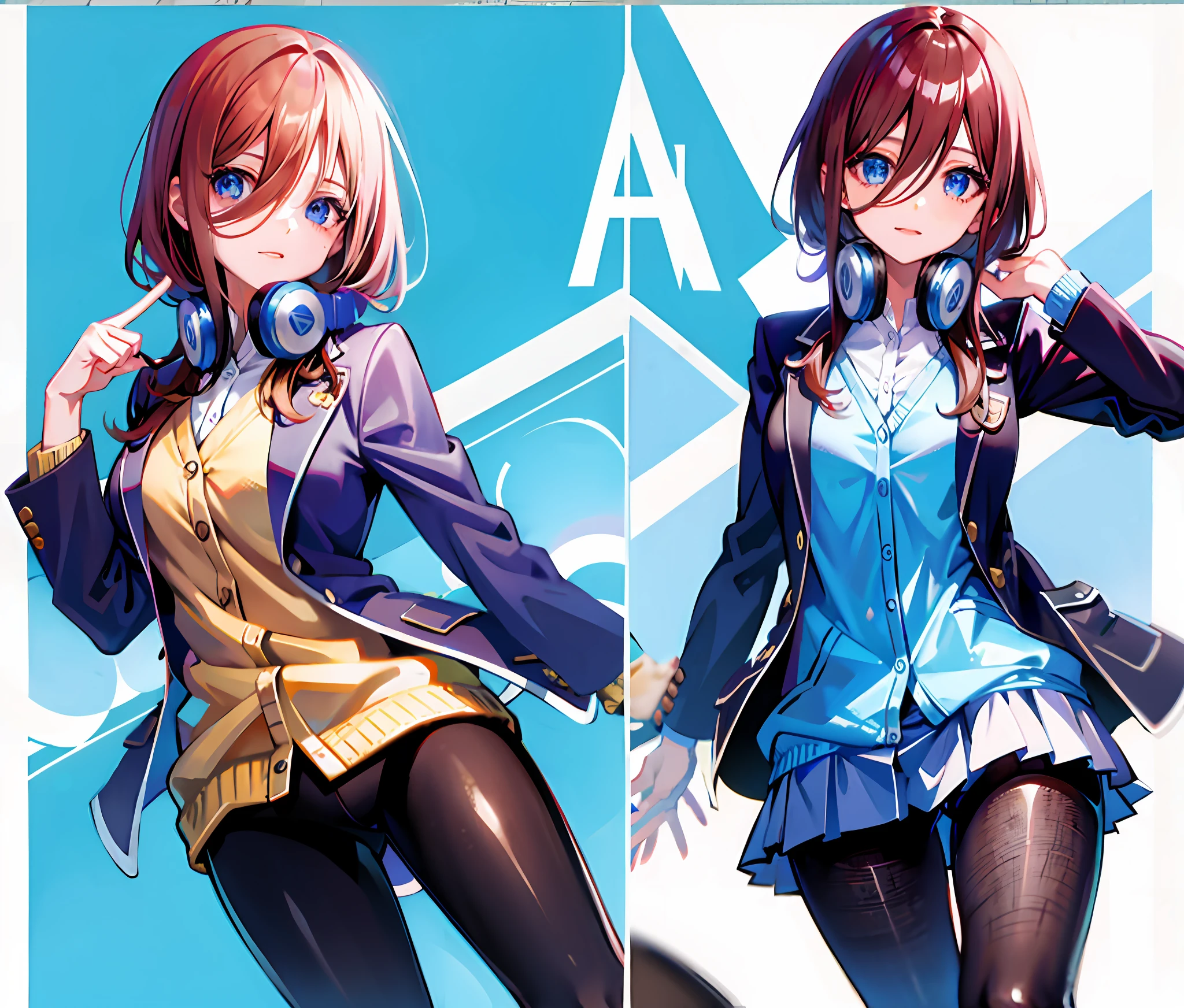 Nakano Miku, Brown hair, hair between eyes, blue cardigan, headphones, pantyhose, blazer