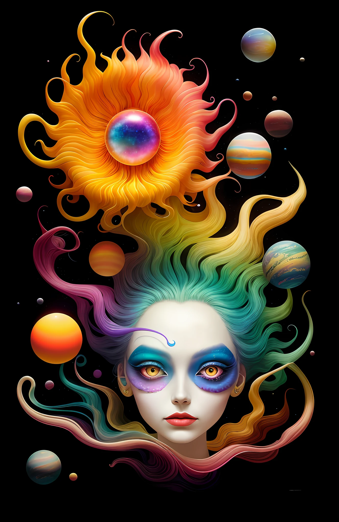 colorpop style, photo photo portrait of the sun surrounded by orbiting planetary moons, blonde pointy hair, natalie shau, mark ryden, alberto seveso, brooke shaden, anna dittmann, flora borsi, 8k resolution, perfect composition, milky way, rainbow color, flying insects, scales, wings, blue, texture, complex, gorgeous, shadow, pastel colors, 3d, Highly detailed, decorated in style, Tim Burton, Dale Chihuly, Xiaolongcheng, Cyril Rolando, by J. Gigue