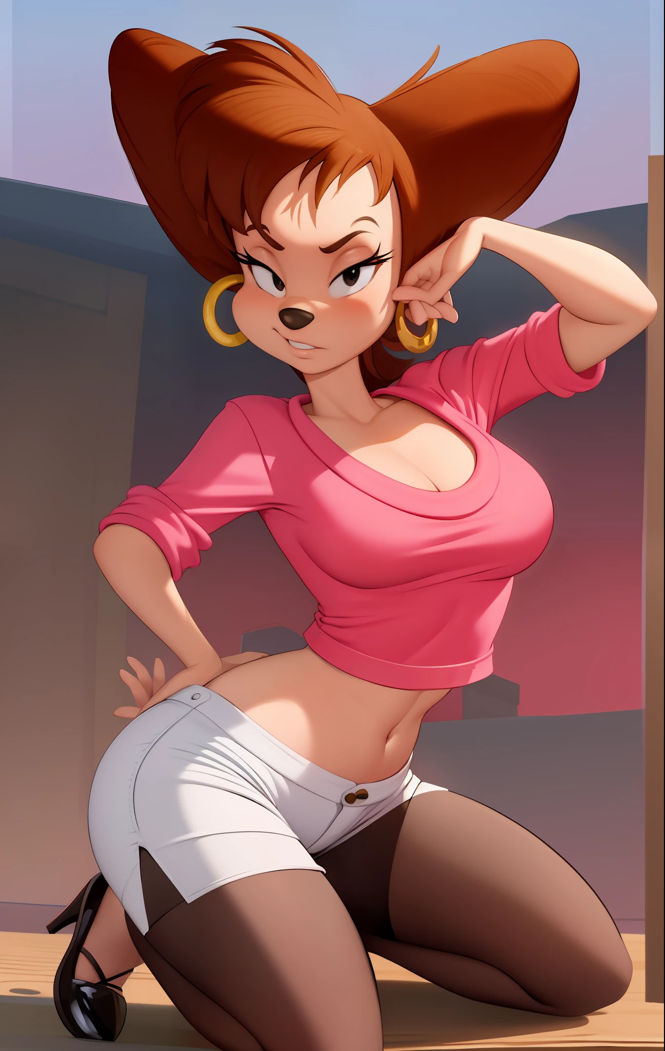 masterpiece, best quality, one girl, solo, detailed face, looking at the viewer, black eyes, gold hoop earrings, 4 fingers, detailed skin texture, (blush: 0.5), (goosebumps: 0.5), subsurface scattering, detailed skin texture, (blush: 0.2), (goosebumps: 0.3), sexual expression, portrait, pink midriff tank top, white denim mini shorts, high resolution, detailed night city background, black nose,  sfw, goof troop, Disney, character, anthro, detailed fingers, flirty pose, right hand behind the head, left hand on hip, detailed between legs, detailed tummy, detailed chest, detailed knees, breast blush, fishnet tights, high heels, detailed nails, full body