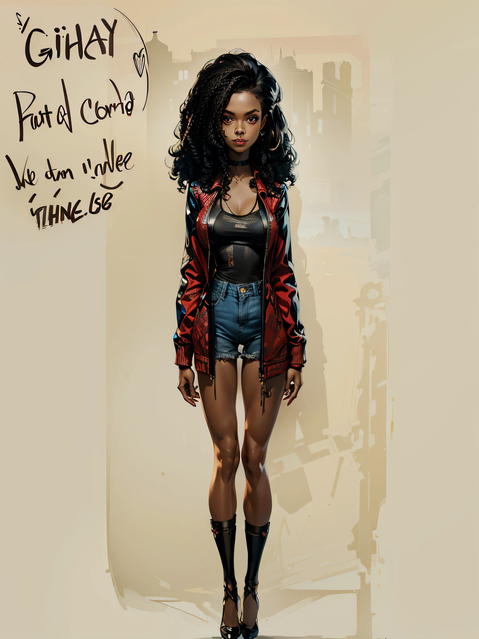 A black girl with curly black hair with the ends of her azuil hair wearing black top jean shorts and red jacket under her shoulders, Full Body Portrait of a Short!, Character Concept, Full Body Character Concept, Loish Art Style, Character Design : : Gothic, Golden Clothing, Character Concept, American World War II Poster, Gil Elvgren Style, WLOP, Artgerm ((Poster Style)) ((Detailed Clothing) (City Picture Background) Hero Uniform, 1 girl, solo, body fitness, poster design, poster art style. 1980s, 1950s, 1960s, 1940s, basic color scheme, very colorful poster, colorful art, third rule, dynamic pose, woman, 1 18-year-old girl, smiling at the viewer, blurred background, thick legs, brown eyes.