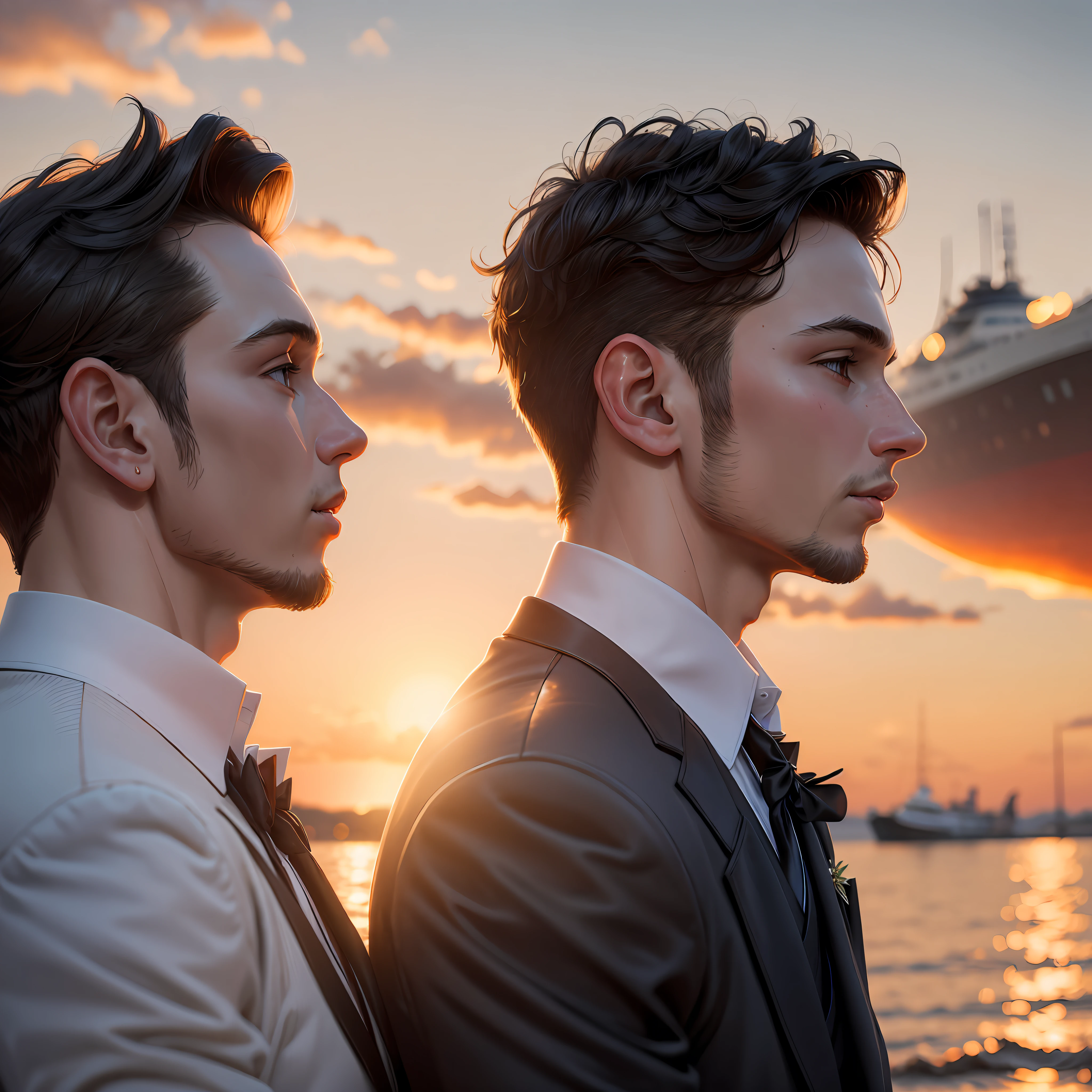 two boys kissing at sunset. Details of the Titanic ship in the background with sunset. best image quality, 4k, ship's official uniform, elegant suit, kiss, hyperrealistic. --auto --s2