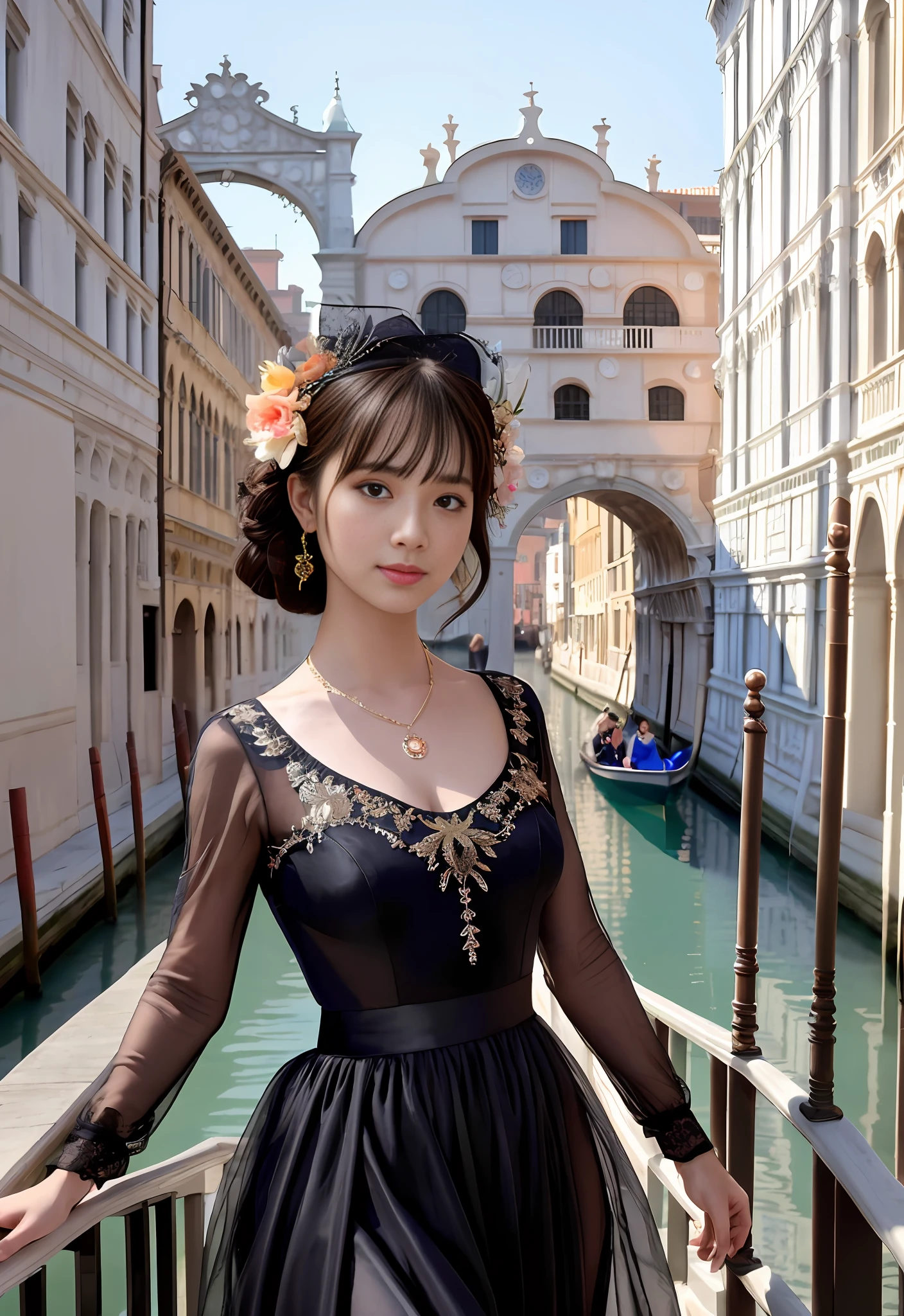 modelshoot style, (extremely detailed CG unity 8k wallpaper), full shot body photo of the most beautiful artwork in the world, stunningly beautiful photo realistic cute women, a hyper realistic ultra detailed photograph of a beautiful girl as a female 2020s dancer on the boat of 2020s Venice,(Bridge Of Sighs background),(princess eyes,shiny pupils), detailed symmetric beautiful hazel eyes, detailed gorgeous face,highly detailed, vibrant,professional majestic oil painting by Ed Blinkey, Atey Ghailan, Studio Ghibli, by Jeremy Mann, Greg Manchess, Antonio Moro, trending on ArtStation, trending on CGSociety, Intricate, High Detail, Sharp focus, dramatic, photorealistic painting art by midjourney and greg rutkowski