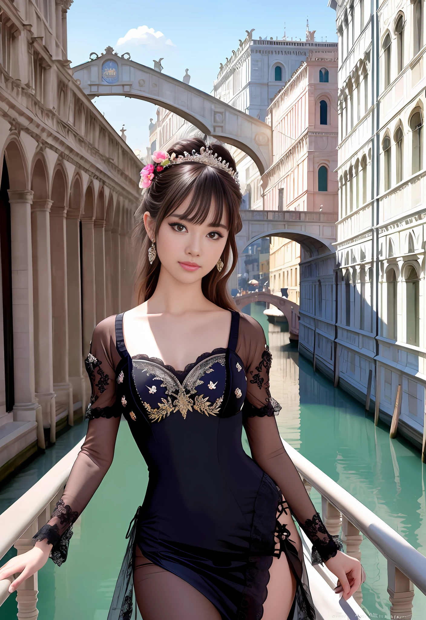 modelshoot style, (extremely detailed CG unity 8k wallpaper), full shot body photo of the most beautiful artwork in the world, stunningly beautiful photo realistic cute women, a hyper realistic ultra detailed photograph of a beautiful girl as a female 2020s dancer on the boat of 2020s Venice,(Bridge Of Sighs background),(princess eyes,shiny pupils), detailed symmetric beautiful hazel eyes, detailed gorgeous face,highly detailed, vibrant,professional majestic oil painting by Ed Blinkey, Atey Ghailan, Studio Ghibli, by Jeremy Mann, Greg Manchess, Antonio Moro, trending on ArtStation, trending on CGSociety, Intricate, High Detail, Sharp focus, dramatic, photorealistic painting art by midjourney and greg rutkowski