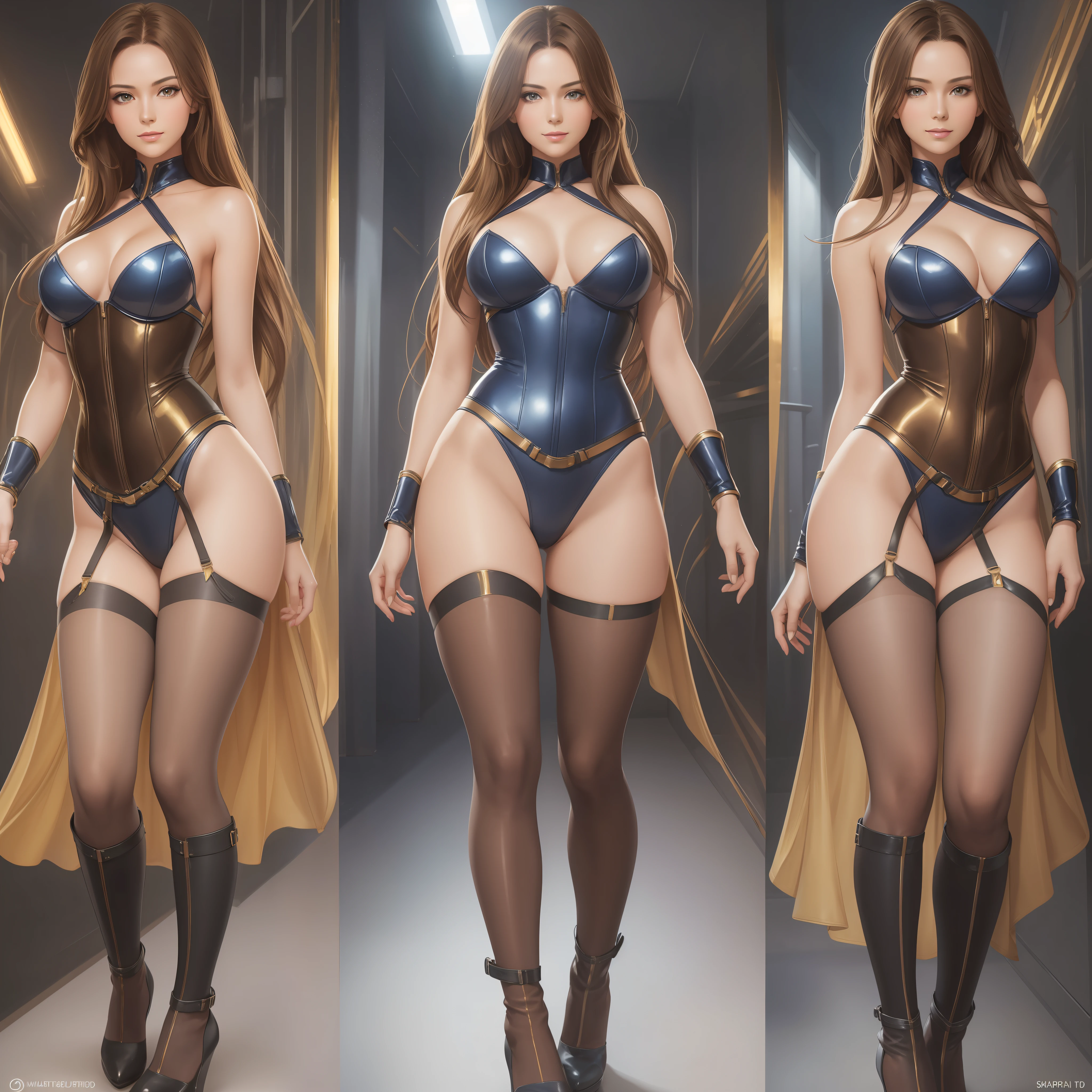 painting of a woman standing, full body, long flowing brown hair, brown eyes, large breasts, small waist, defined legs, dressed in beige pantyhose, tan pantyhose, dressed in blue and gold corset with front opening at breast height, with several belts down the torso, blue latex, dress with transparent beige tight nylon on the whole body,  realistic, texture, wearing high boots up to the thighswith wedge heels, wedges shoes, high heels, in the corridor of futuristic spaceship in shades of silver and red, (photo RAW, realistic, realistic: 1.49), (perfect anatomy), (focus on the face, look at the viewer), best quality, masterpiece, super high resolution, realistic, ultra-realistic details, sharp focus, beautiful well-proportioned face,  (detailed facial features), extremely detailed face and eyes, realistic eyes and facial details, full lips, delicate eyes, (detail eyes), thin figure, (detailed hand description), high quality photos, beautiful legs, tall women, thin skin, depth of field, smile, natural skin texture, beautiful natural location, film lights, shadows, film grain, original photo,  realism, superlative, 8K, ultra-realistic details, shooting the same character, sharp focus, (realistic, lens flare: 1.4), (complex details: 1.2), (masterpiece, :1.3), (Best Quality: 1.4), (Elongated, Thin Waist: 1.3), (Realistic Cinematic Lighting, Detail Shadows: 1.2), (Ultra High Resolution: 1.2), Ultra High Resolution, HDR, 8k Resolution, Long Shot, Full Body Shot, Full Body Shot -- auto --auto --s2