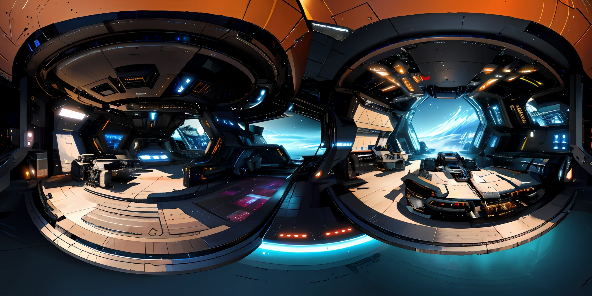 arafed view of a futuristic space station with a spaceship and a spaceship, stunning visuals with rtx on, inside a space ship, 3 6 0 render panorama, star citizen halo, ultrawide shot, space station interior, ultra wide shot, ultra-wide shot, ultra - wide shot, inside a spaceship, star citizen digital art, ultrawide angle cinematic view