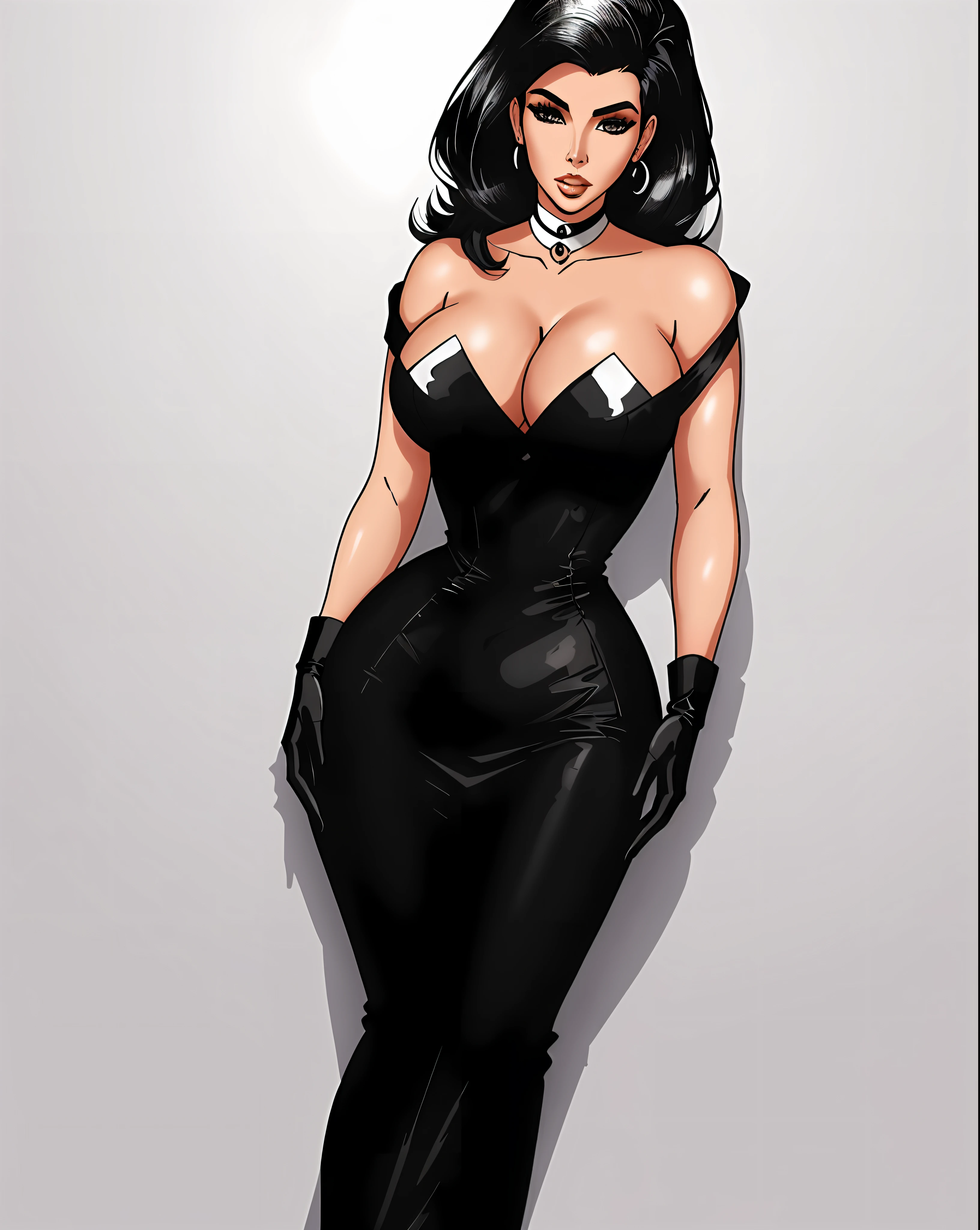 a woman in a black and white dress and gloves, tumblr, kim kardashian, 5 0 s style, official photo, benjamin vnuk, hourglass! slim figure, very realistic, very crisp details, fashion icon, very stylish, sexy look
