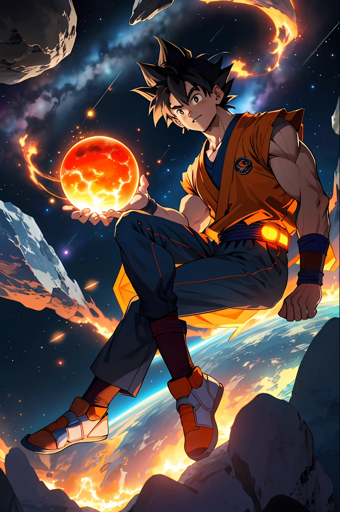 Dragon ball goku sitting on the edge of a cliff with a planet in the ...