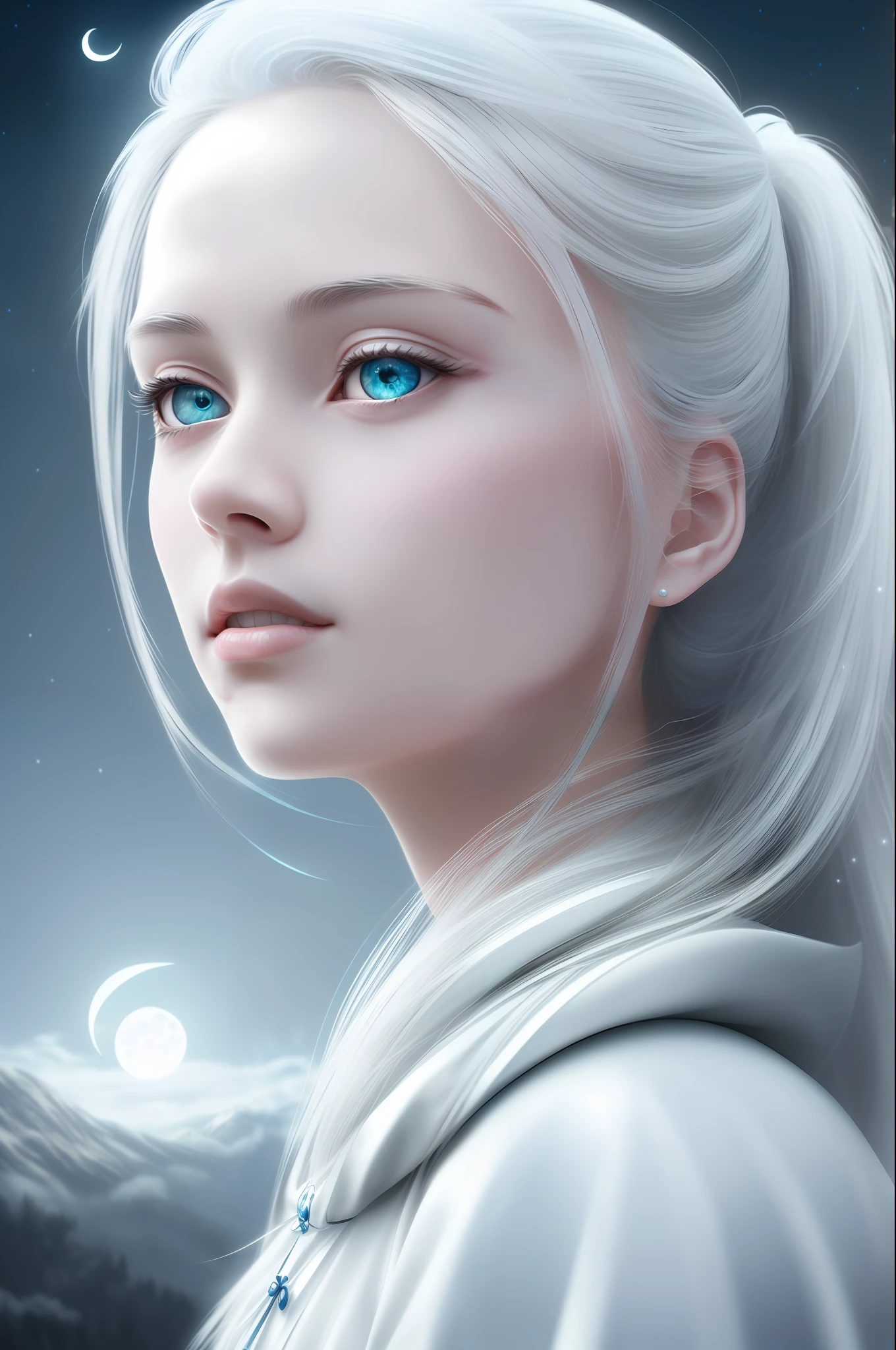 masterpiece, (best quality:1.2), (ultra-detailed:1.2), illustration, (an extremely delicate and beautiful:1.2),cinematic angle,floating, (beautiful detailed eyes:1.1), (detailed light:1.1),cinematic lighting, beautifully detailed sky, girl, white hair, blue eyes, (high ponytail:1.1), cloak, glowing eyes, (moon:1.2), (moonlight:1.1), starry sky, (lighting particle:1.1), fog, snow painting, sketch, bloom